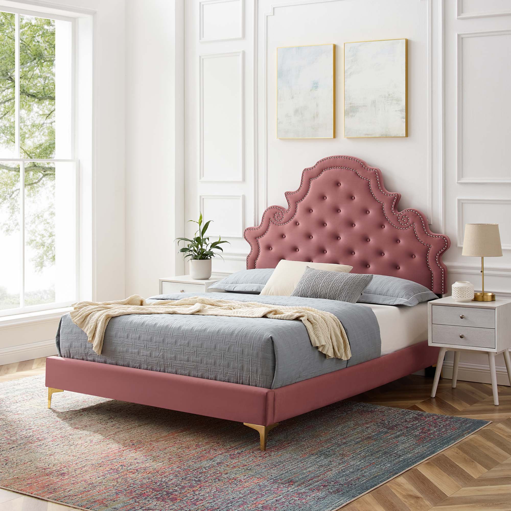 Iven King Tufted Platform Bed – Dusty Rose Performance Velvet with Nailhead Detail