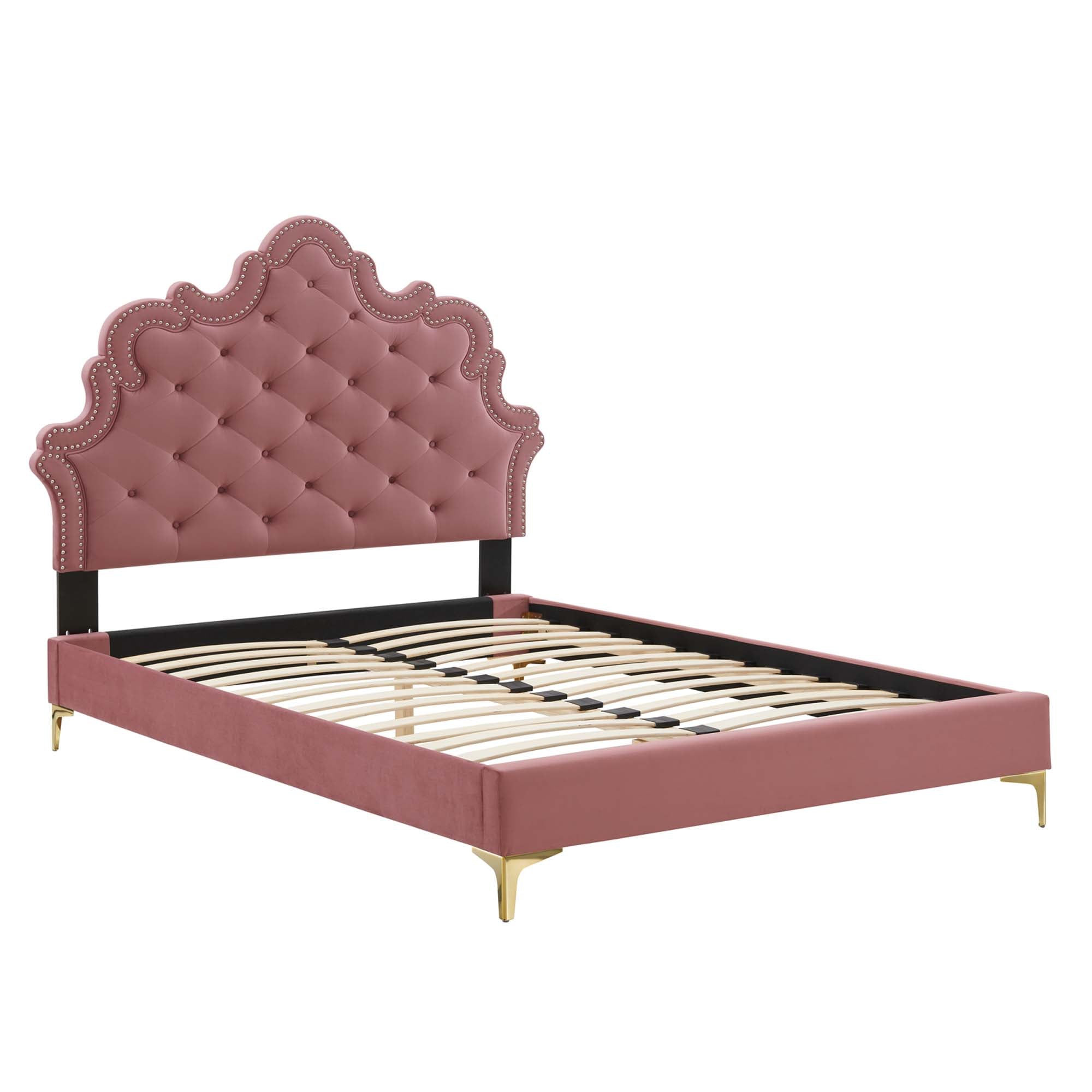 Iven King Tufted Platform Bed – Dusty Rose Performance Velvet with Nailhead Detail
