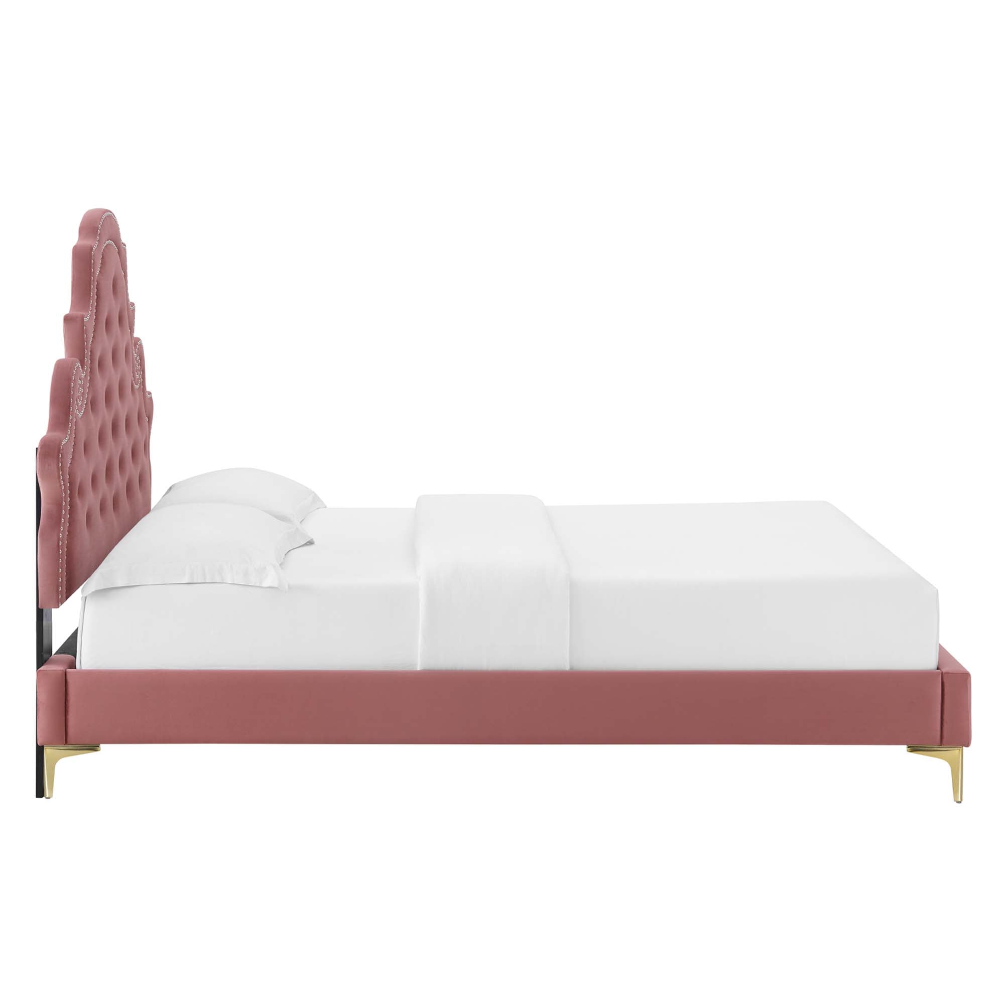 Iven King Tufted Platform Bed – Dusty Rose Performance Velvet with Nailhead Detail