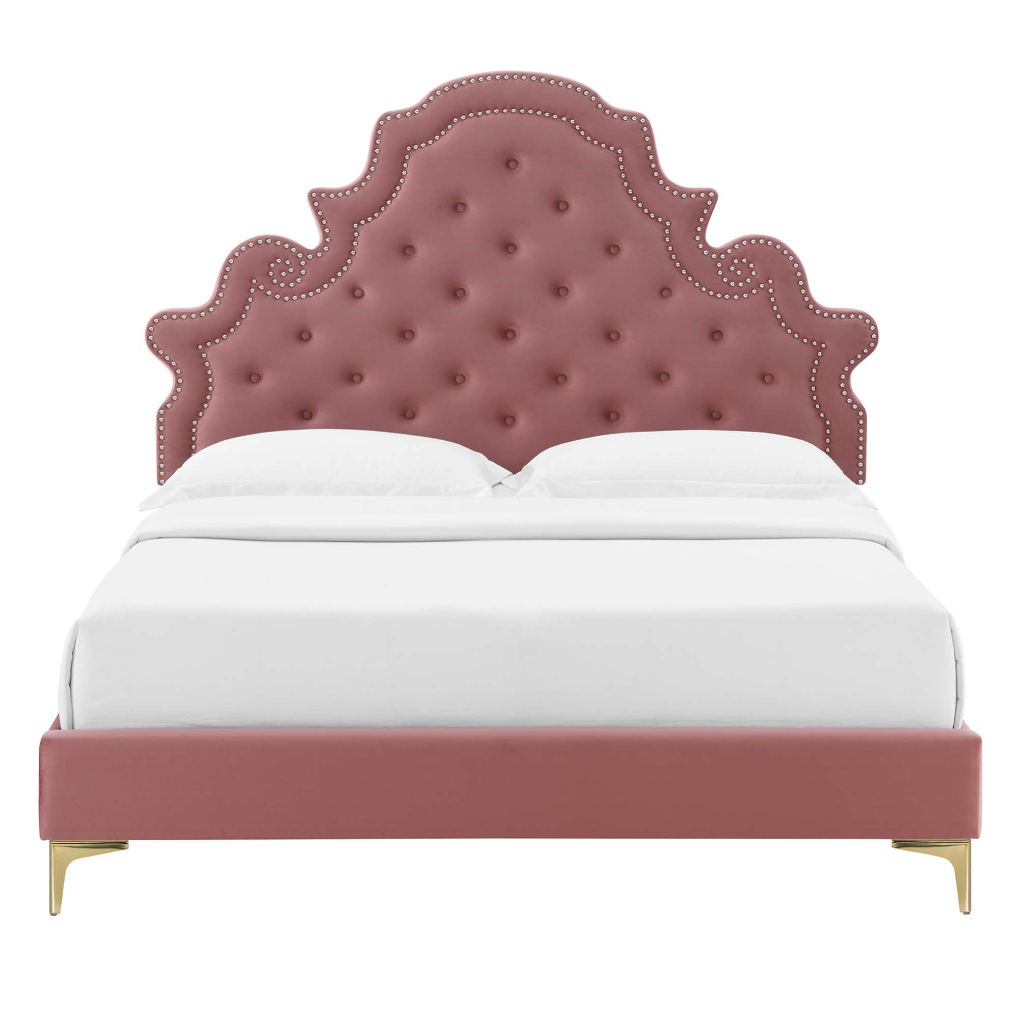 Iven King Tufted Platform Bed – Dusty Rose Performance Velvet with Nailhead Detail