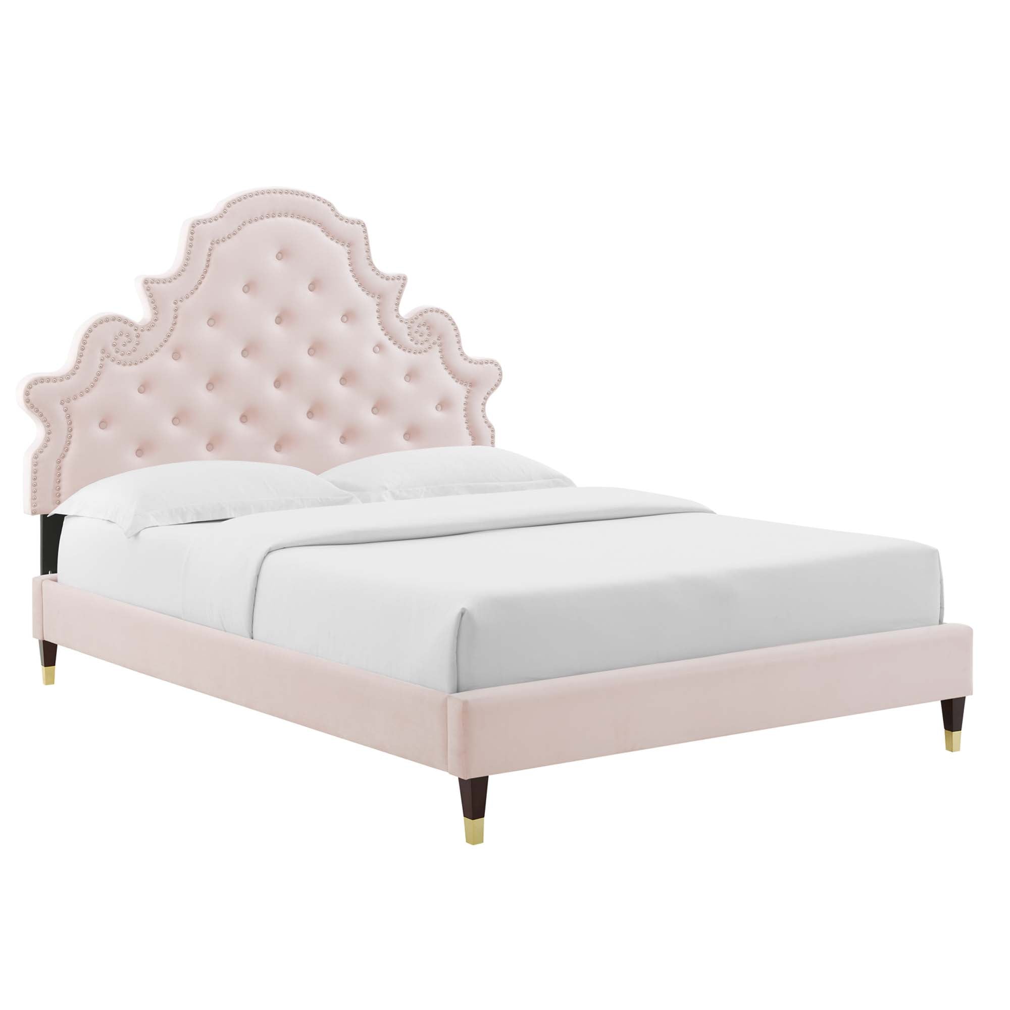 Orsten King White Velvet Platform Bed Frame – Classic Button Tufted Headboard