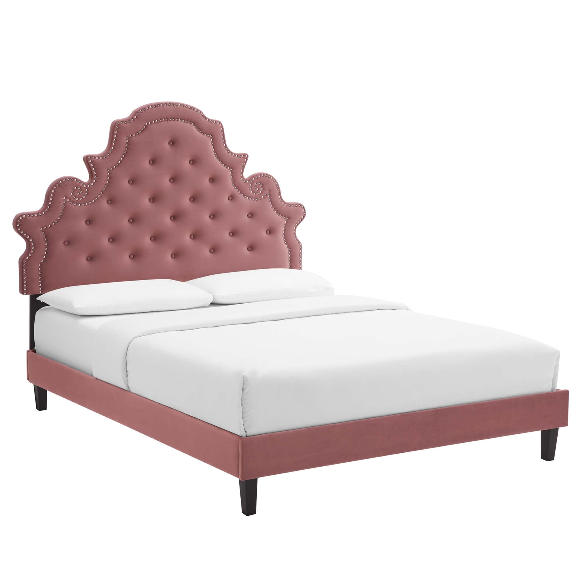 King Selwyn Performance Velvet Platform Bed – Pink Tufted Headboard with Nailhead Trim