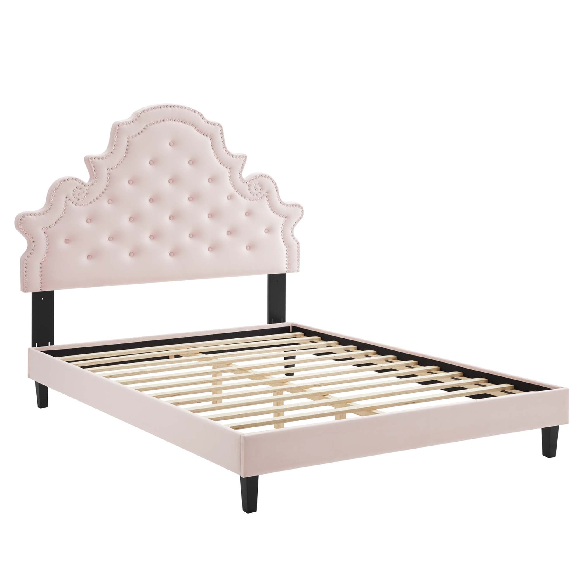 King Selwyn Performance Velvet Platform Bed – Pink Tufted Headboard with Nailhead Trim