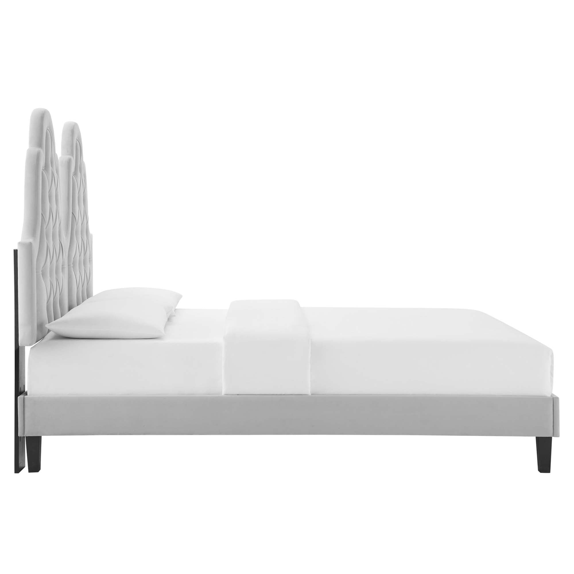 Maia Alexandria Queen Light Gray Velvet Platform Bed – Tufted Headboard, Modern Glam