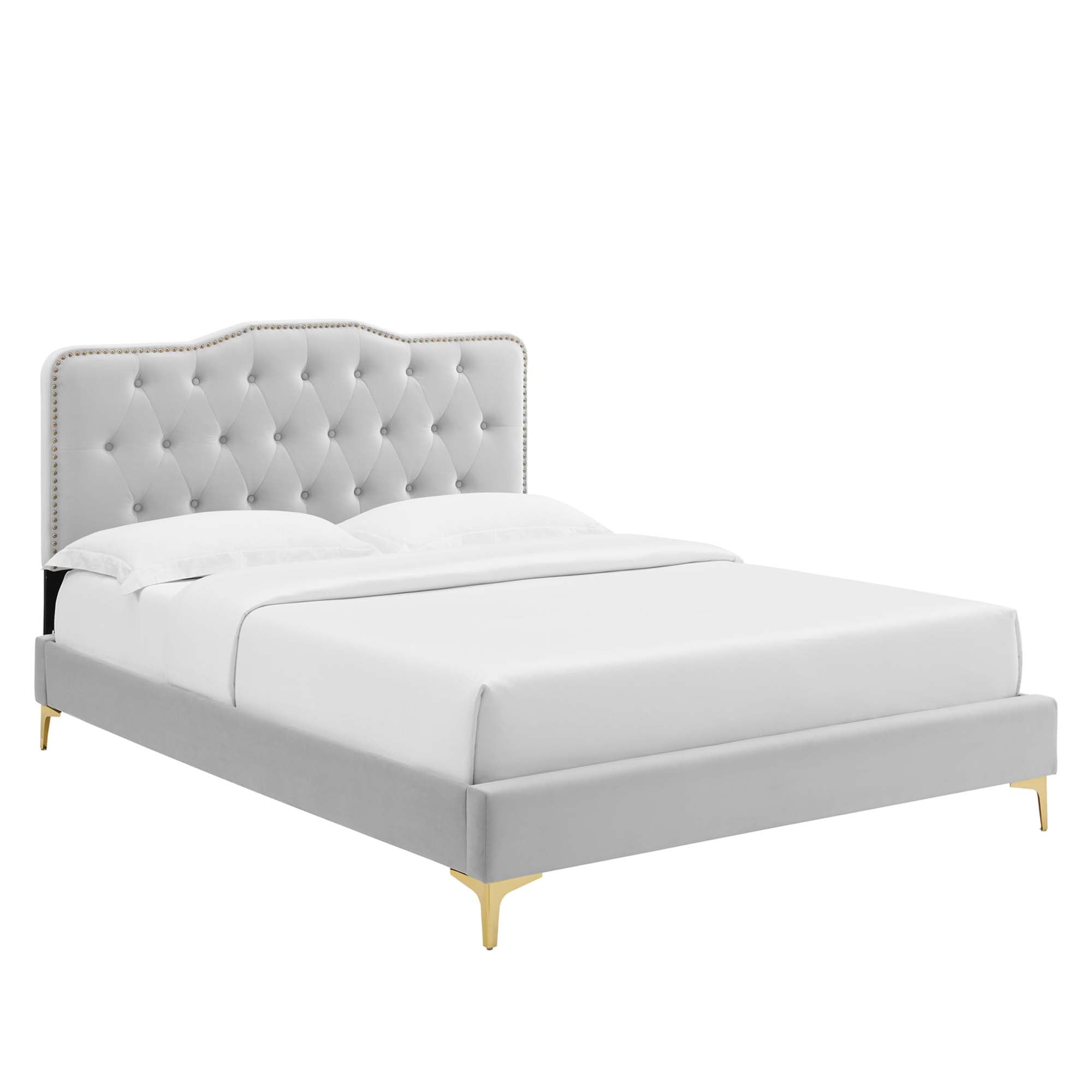 Elias Light Grey Twin Platform Bed Performance Velvet – Stain-Resistant Tufted Headboard