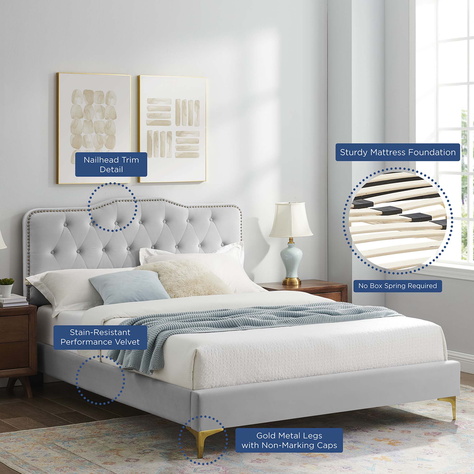 Elias Light Grey Twin Platform Bed Performance Velvet – Stain-Resistant Tufted Headboard