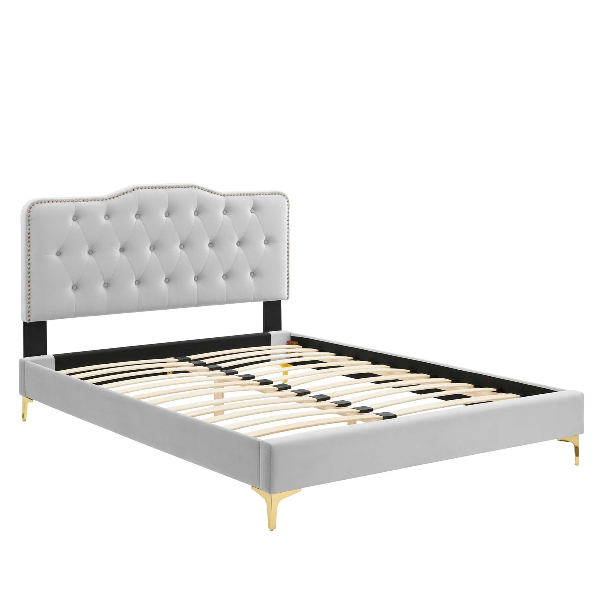 Elias Light Grey Twin Platform Bed Performance Velvet – Stain-Resistant Tufted Headboard