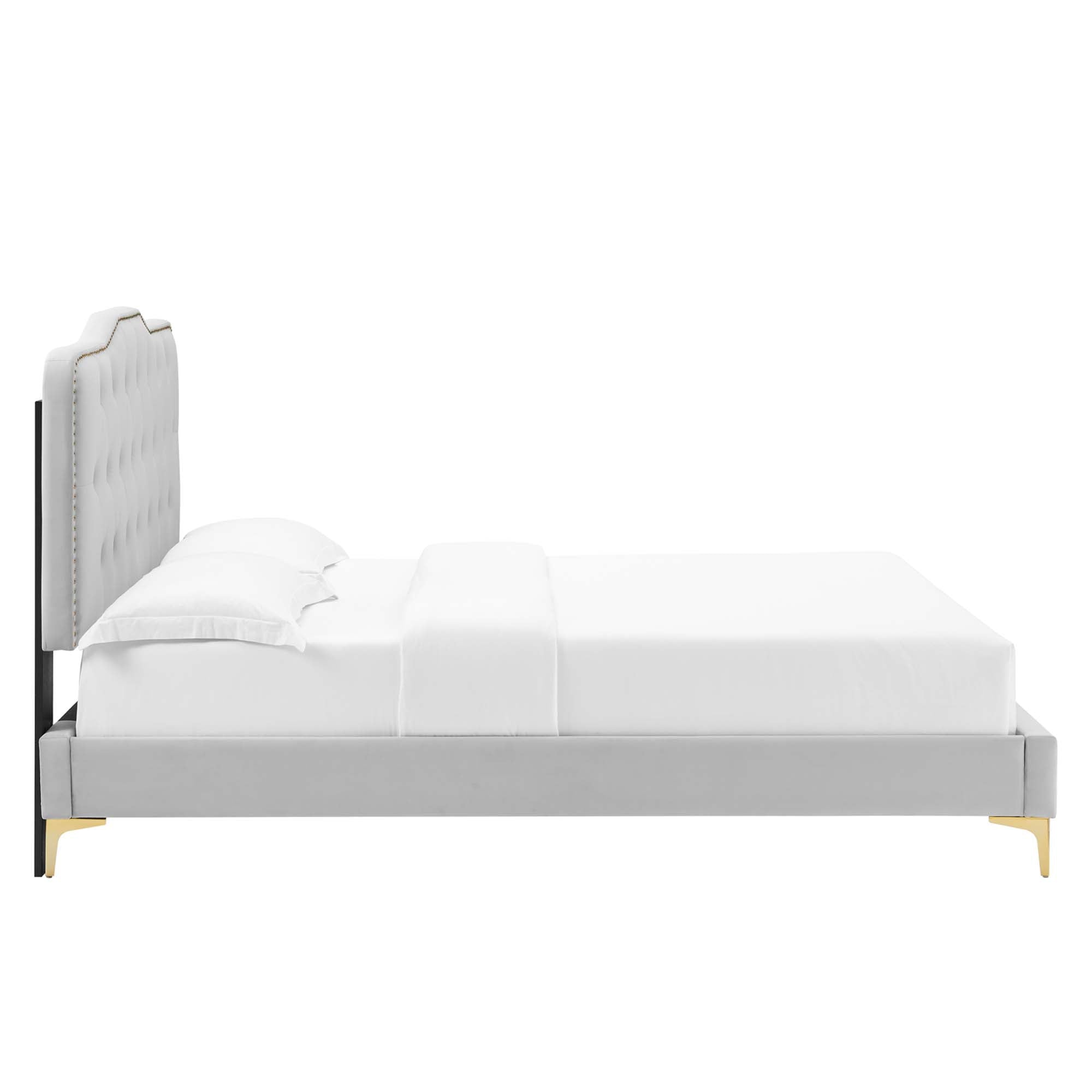 Elias Light Grey Twin Platform Bed Performance Velvet – Stain-Resistant Tufted Headboard