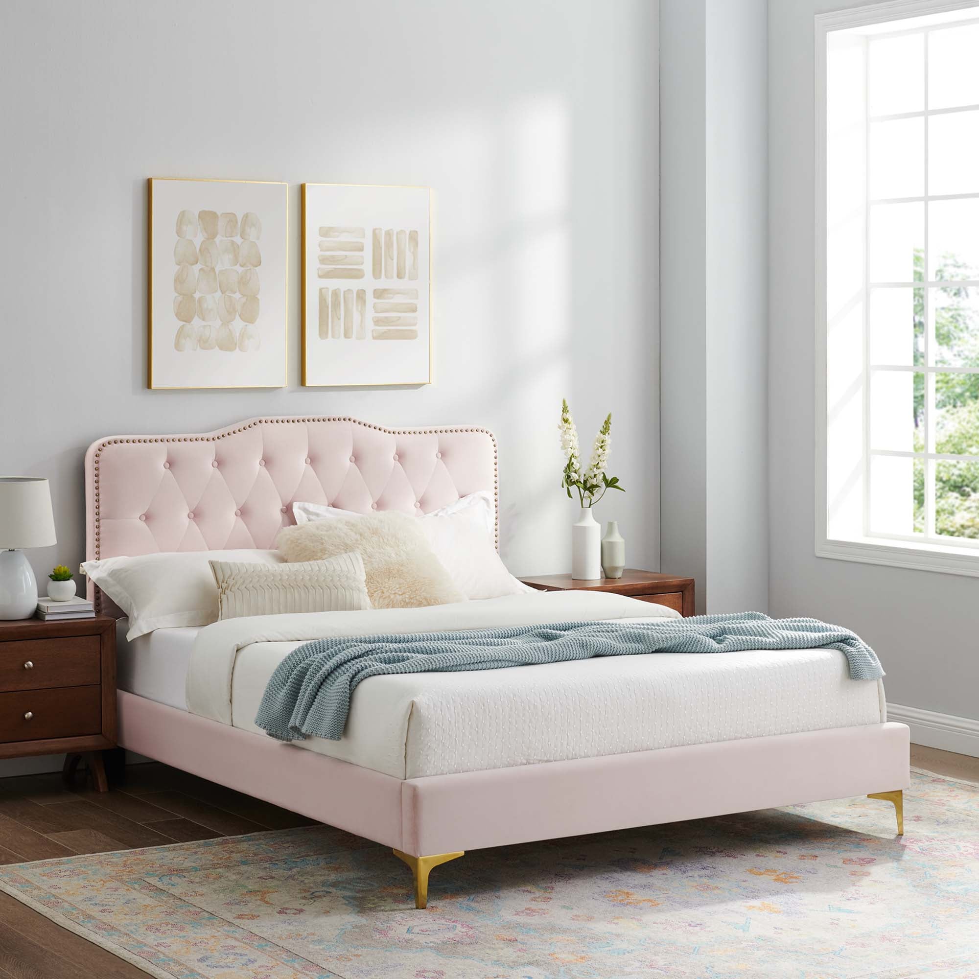 Foster Full Platform Bed with Performance Velvet – Glamorous Button Tufting & Nailhead Trim