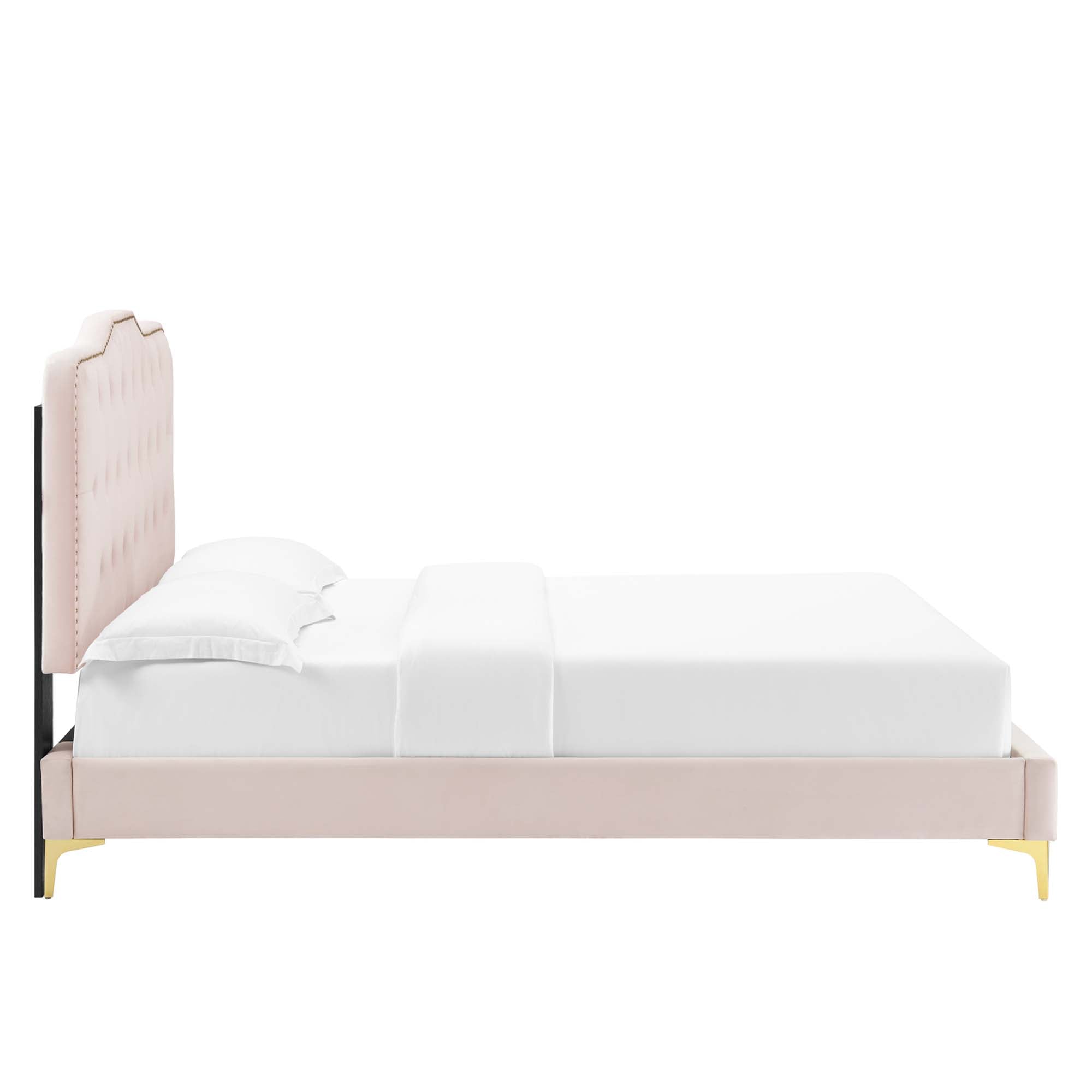 Foster Full Platform Bed with Performance Velvet Button Tufting & Nailhead Trim