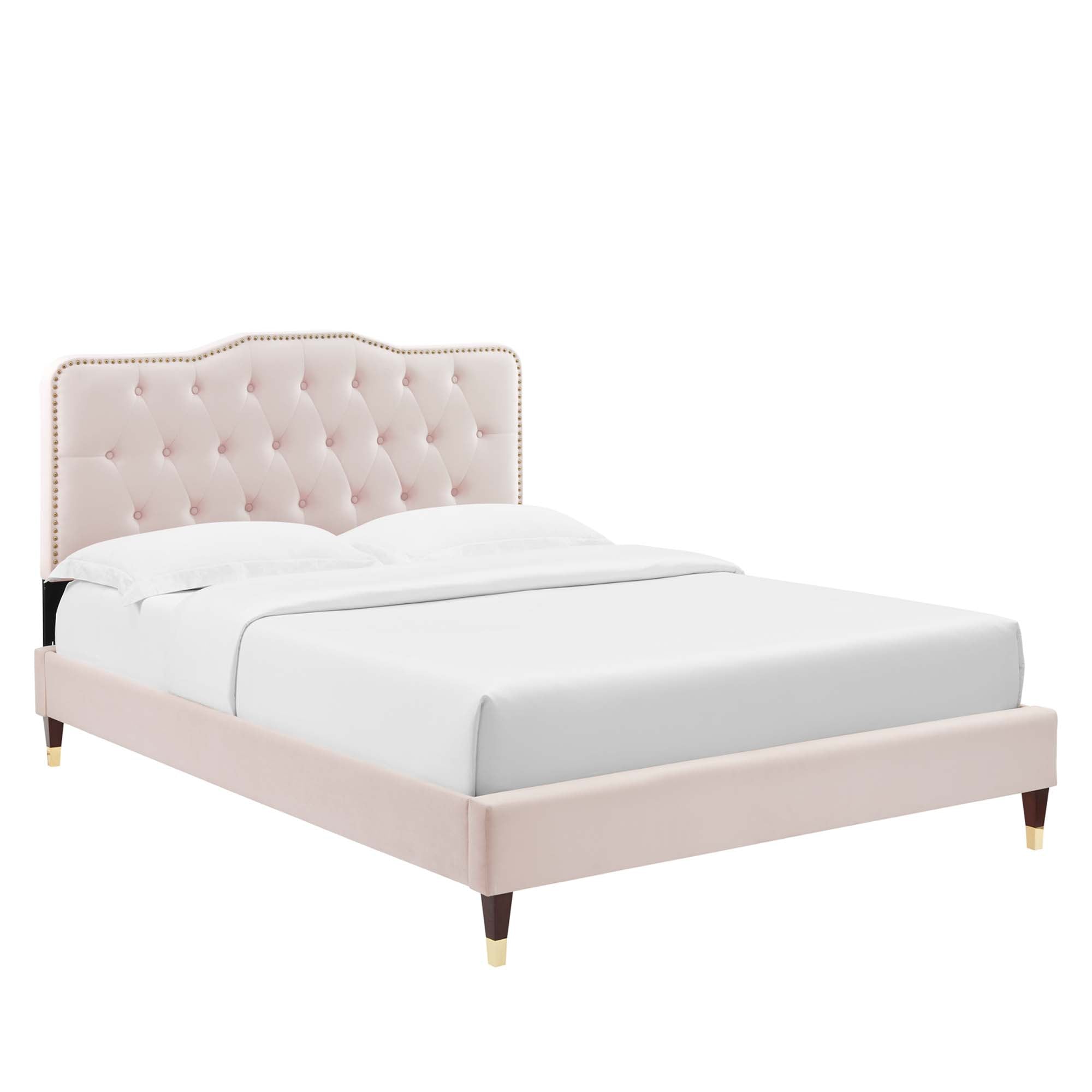 Simon Pink Full Platform Bed – Tufted Performance Velvet Upholstered Frame