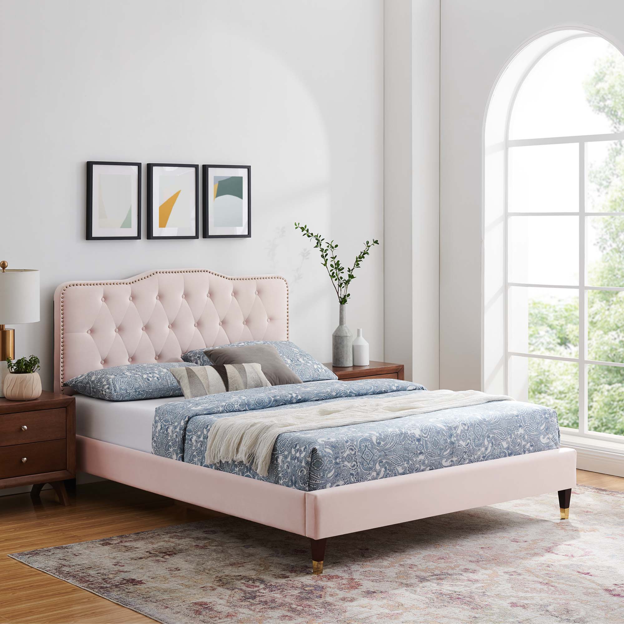 Simon Pink Full Platform Bed – Tufted Performance Velvet Upholstered Frame