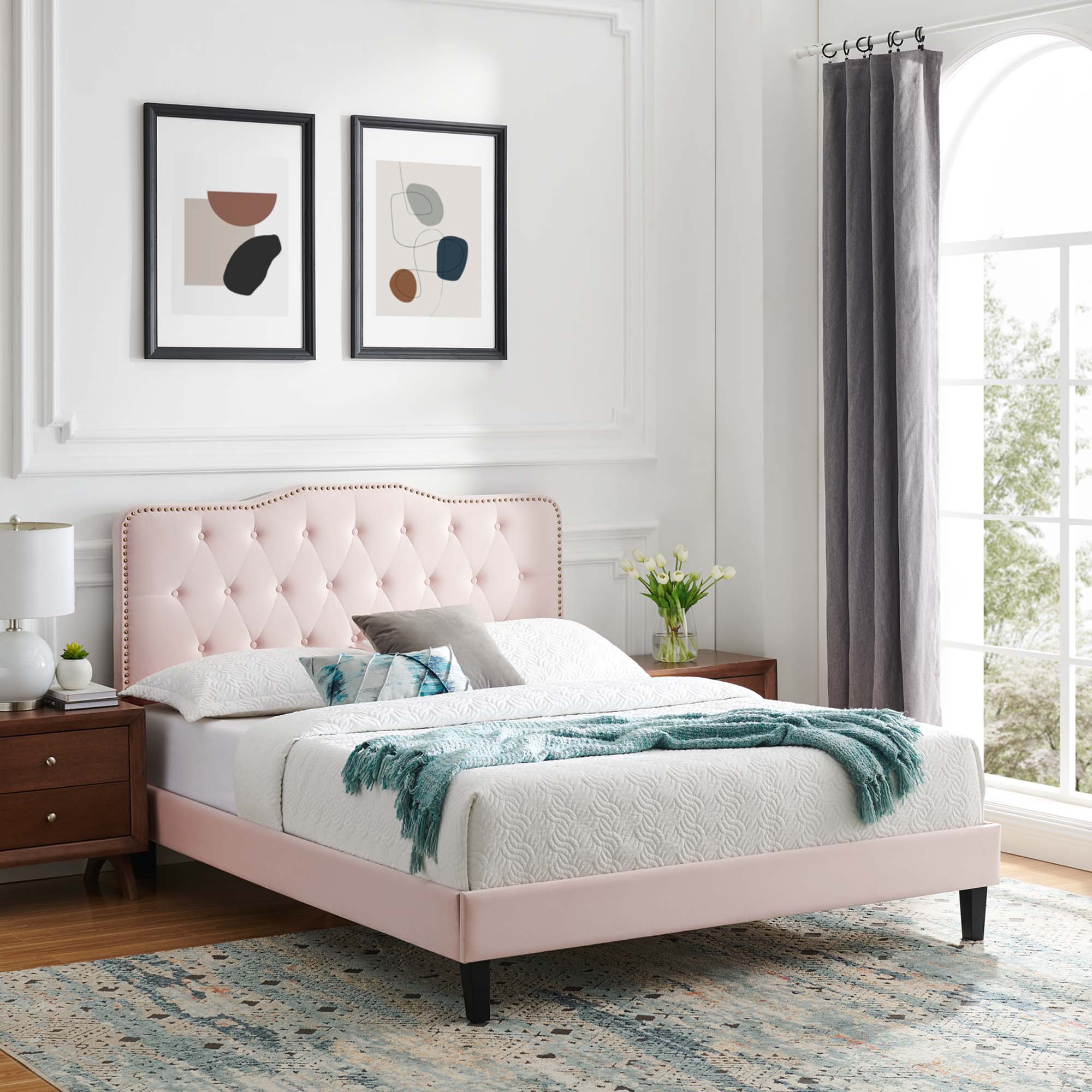 Thomas Full Pink Velvet Platform Bed – Nailhead Trim & Tufted Headboard