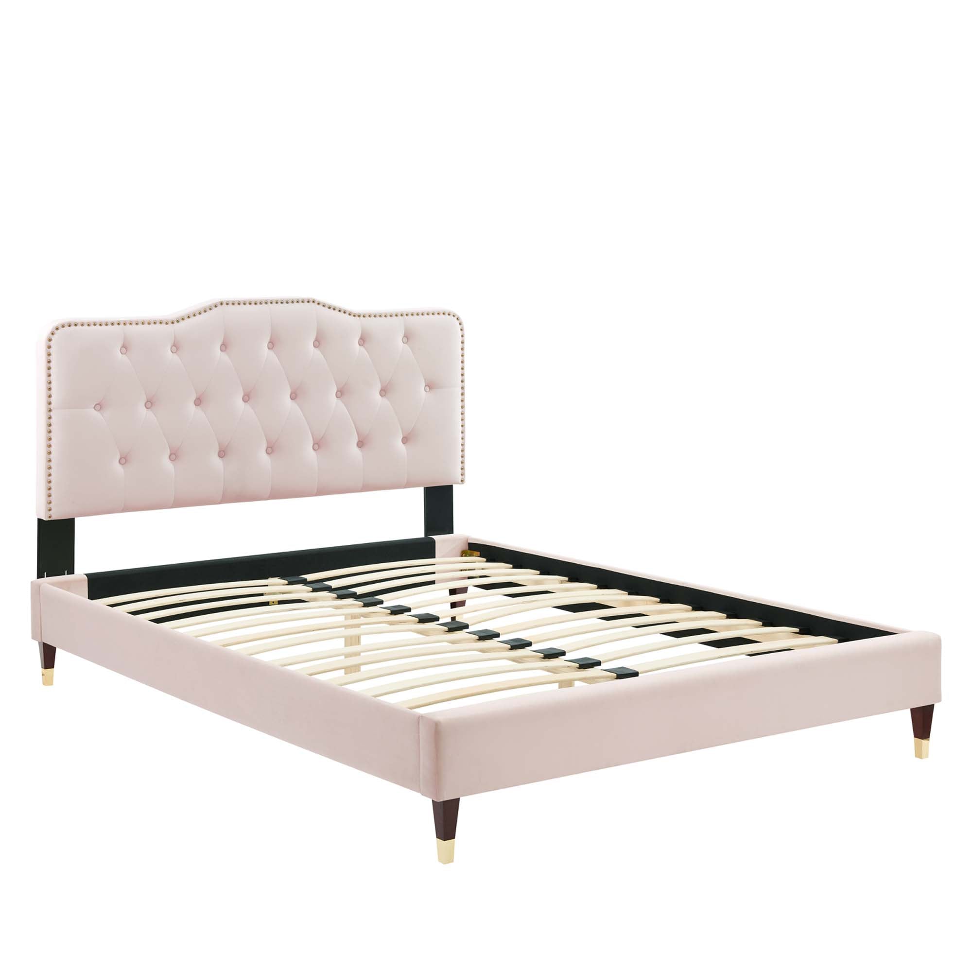 Macon Pink King Platform Bed Frame – Tufted Performance Velvet No Box Spring Required