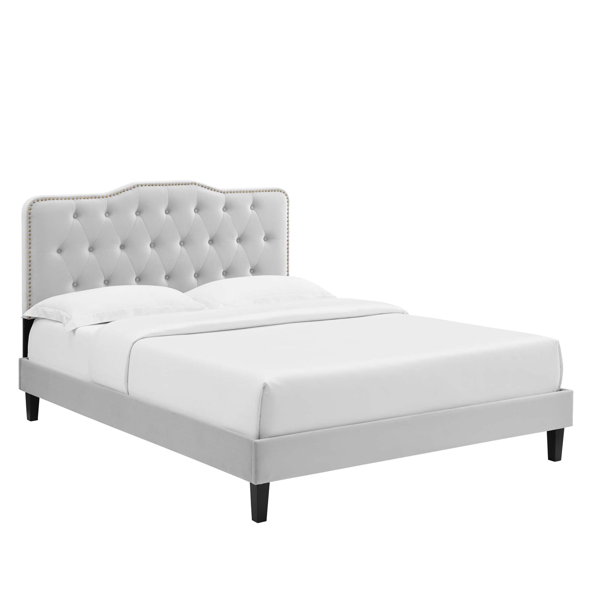 Theo King Performance Velvet Platform Bed Tufted Upholstered with Nailhead Trim