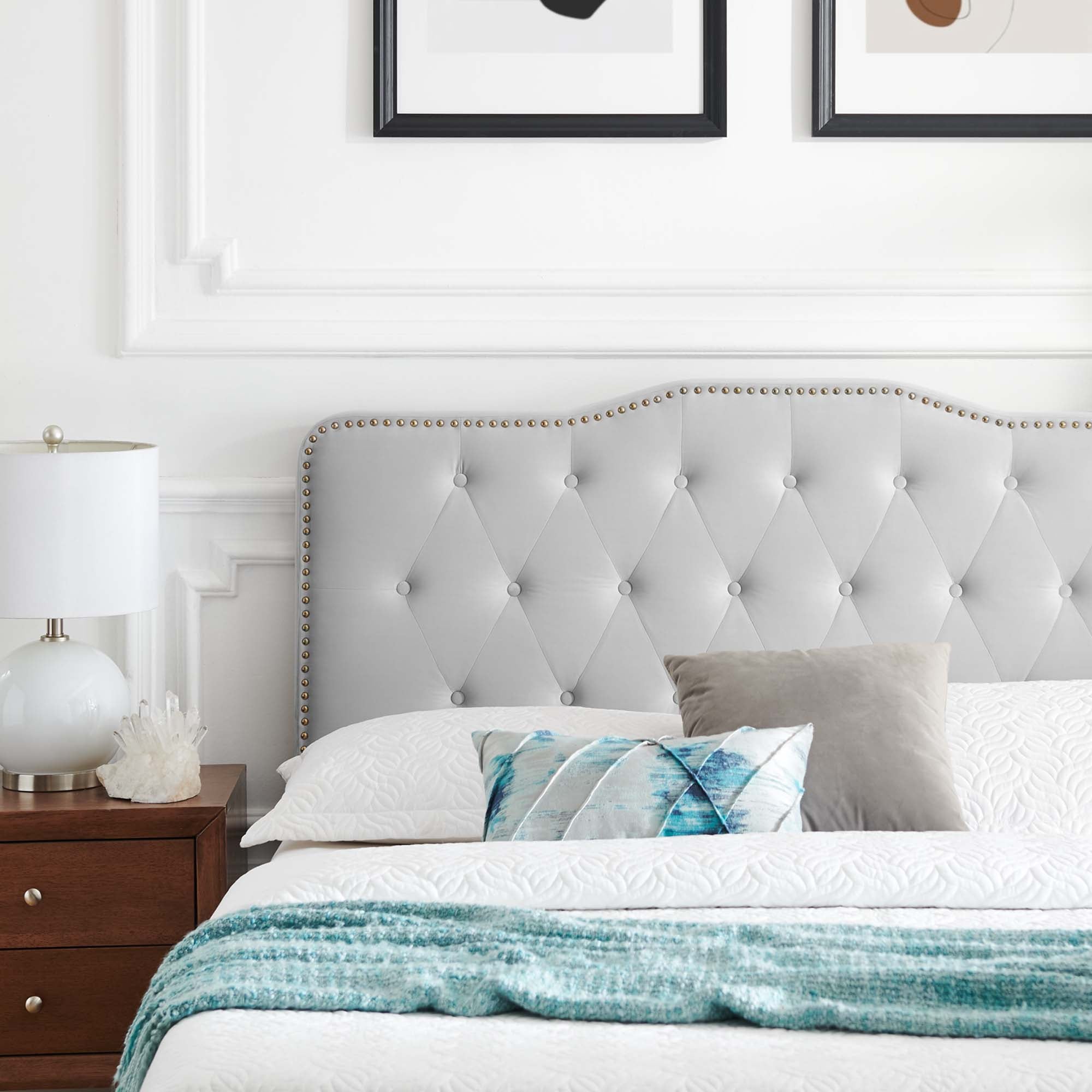 Theo King Performance Velvet Platform Bed – Tufted Upholstered with Nailhead Trim