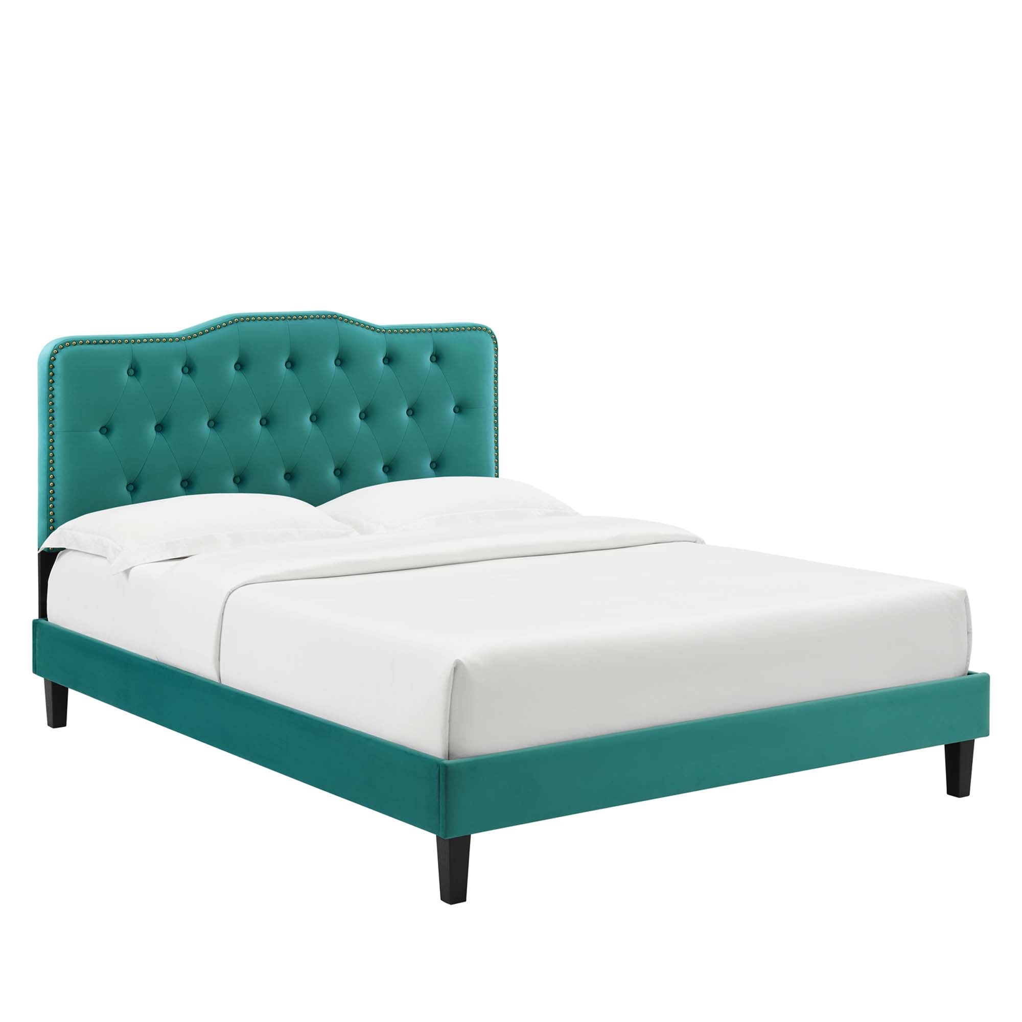 Theo King Performance Velvet Platform Bed – Tufted Upholstered with Nailhead Trim