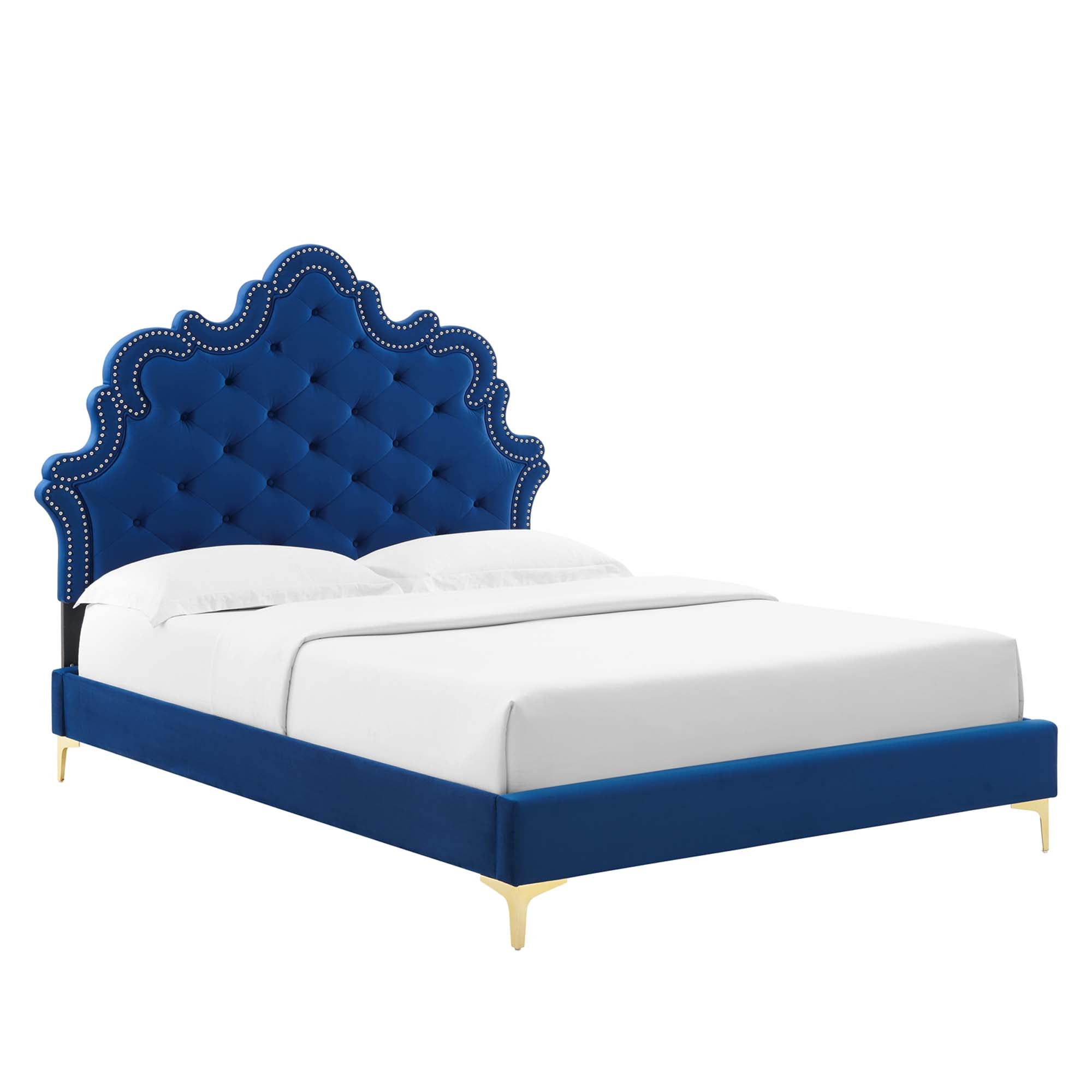 Sailor Twin Performance Velvet Platform Bed – White Button-Tufted Victorian Headboard