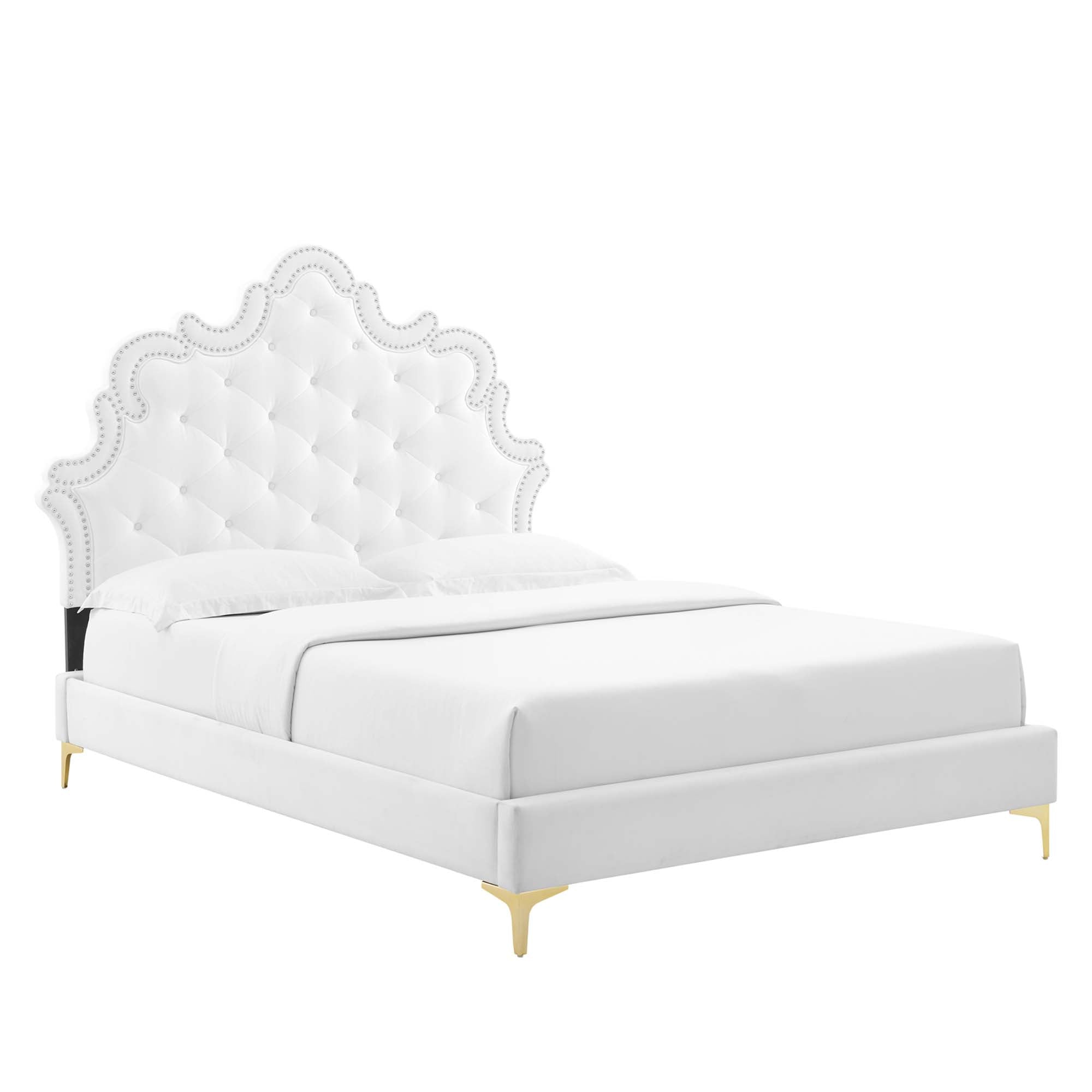 Sailor Twin Performance Velvet Platform Bed – White Button-Tufted Victorian Headboard