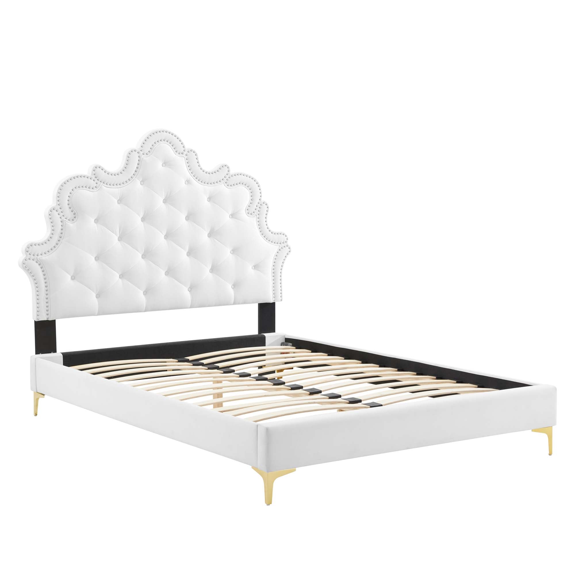 Sailor Twin Performance Velvet Platform Bed – White Button-Tufted Victorian Headboard