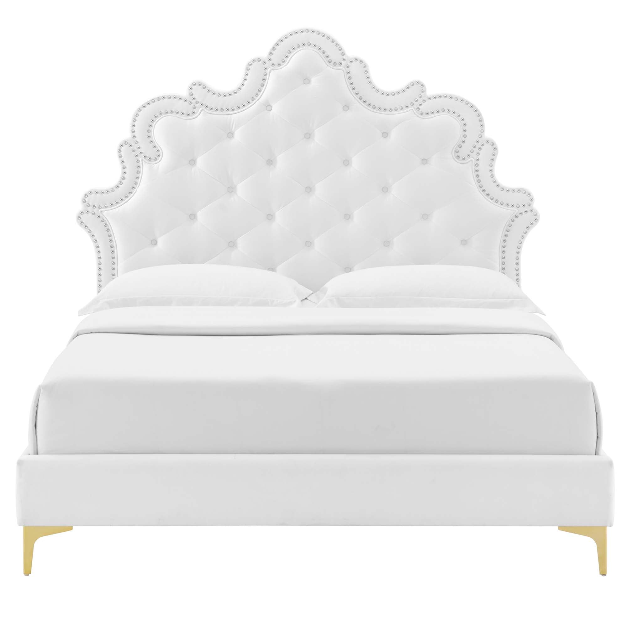 Sailor Twin Performance Velvet Platform Bed – White Button-Tufted Victorian Headboard