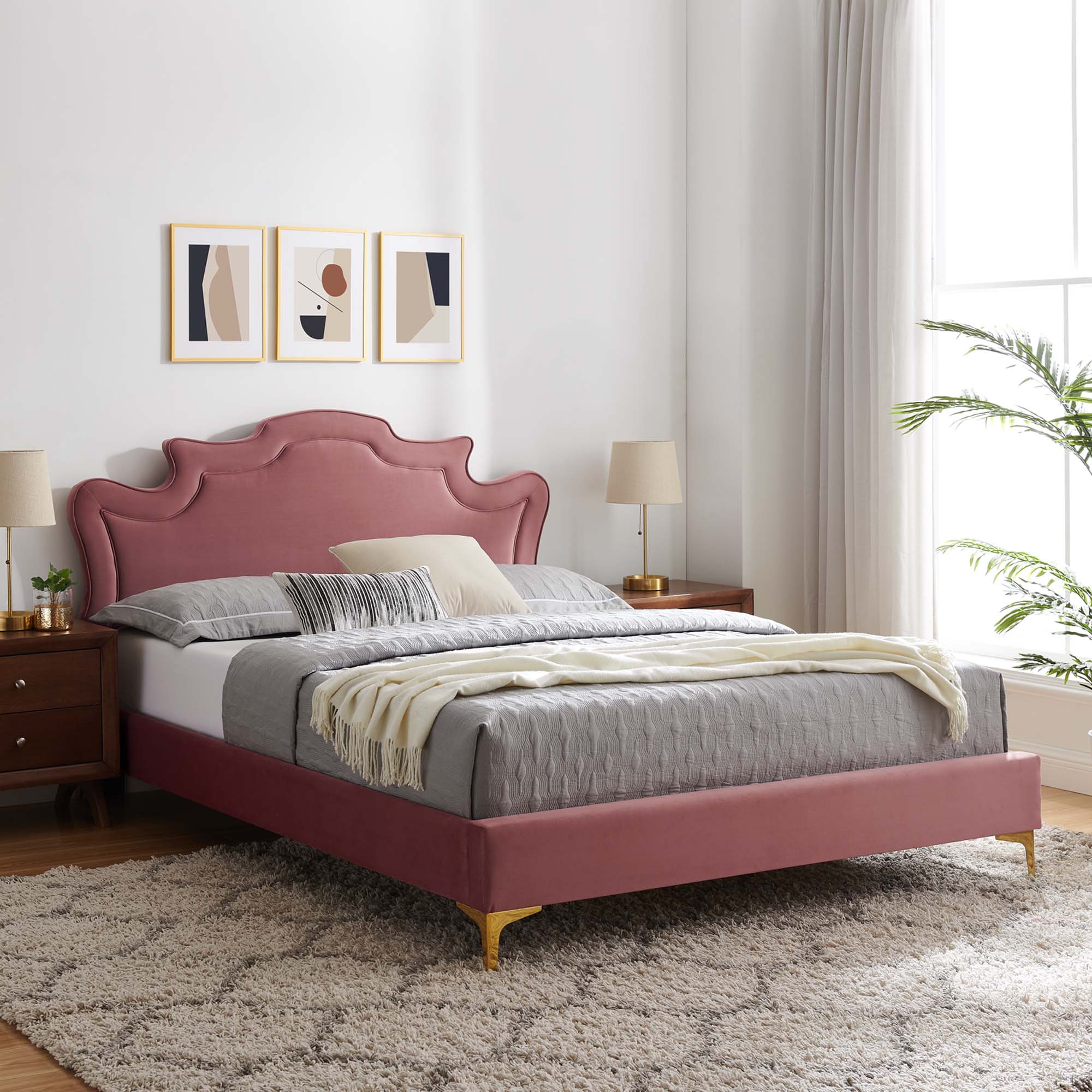 Sutter Twin Performance Velvet Platform Bed – Stain Resistant Victorian Headboard