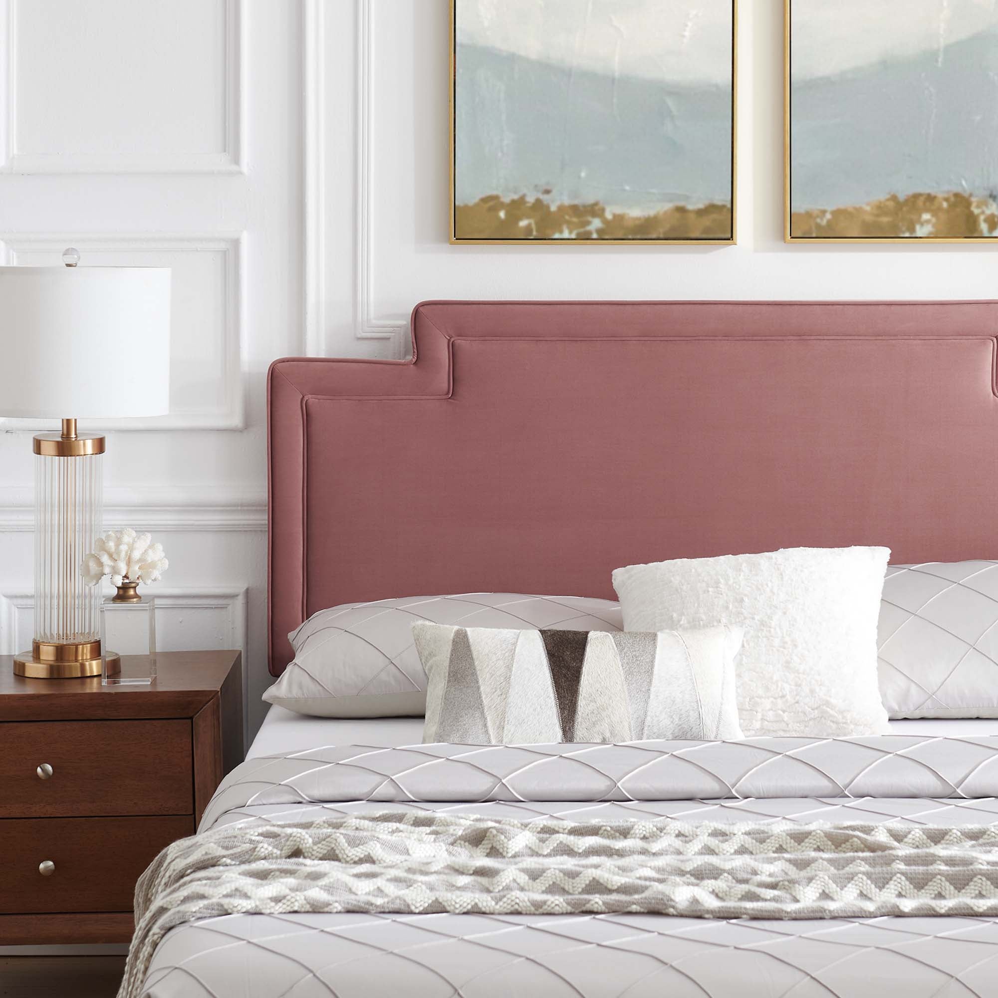 Twin Rolwyn Upholstered Velvet Bed – Dusty Rose Finish, Modern Channel Tufting