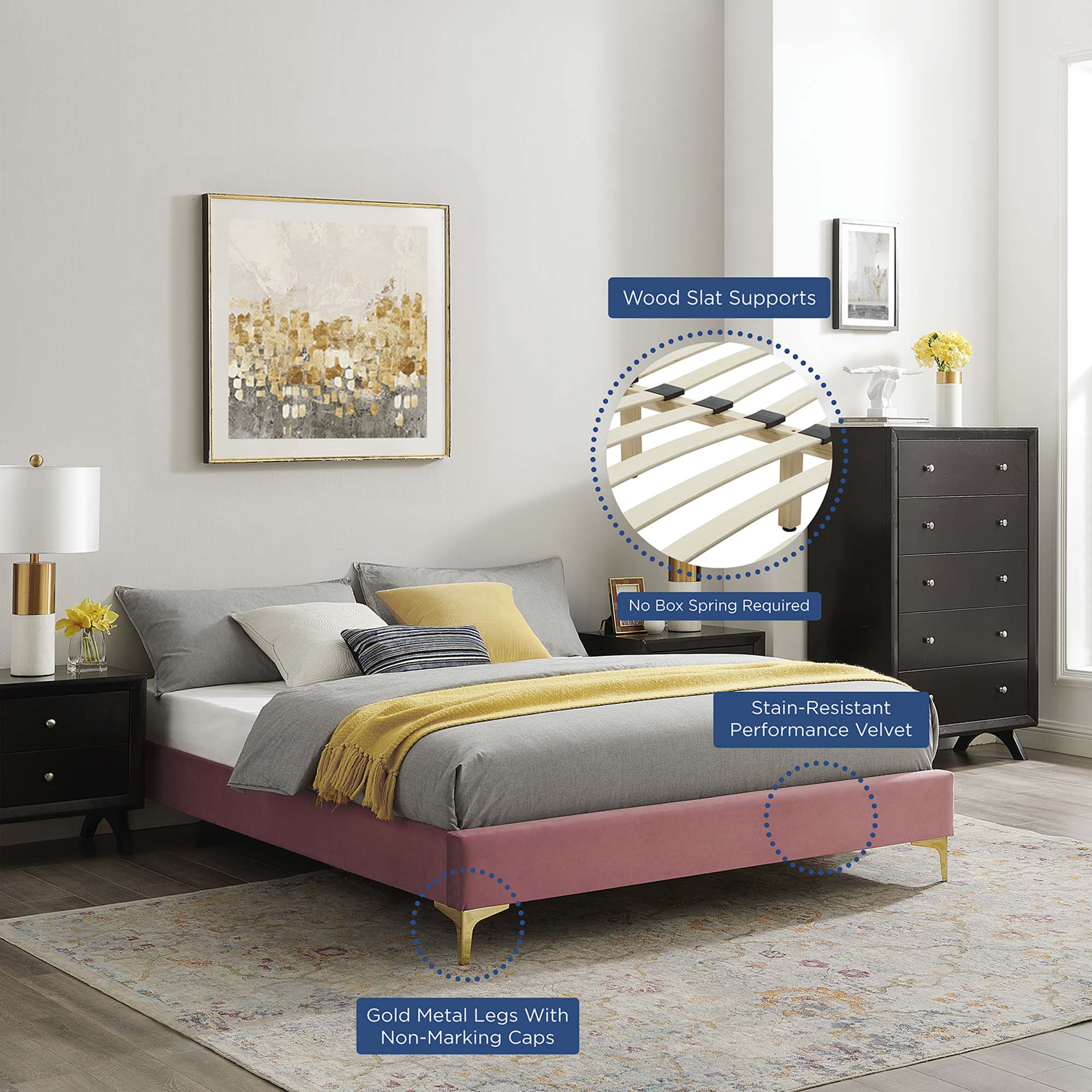 Twin Rolwyn Upholstered Velvet Bed – Dusty Rose Finish, Modern Channel Tufting