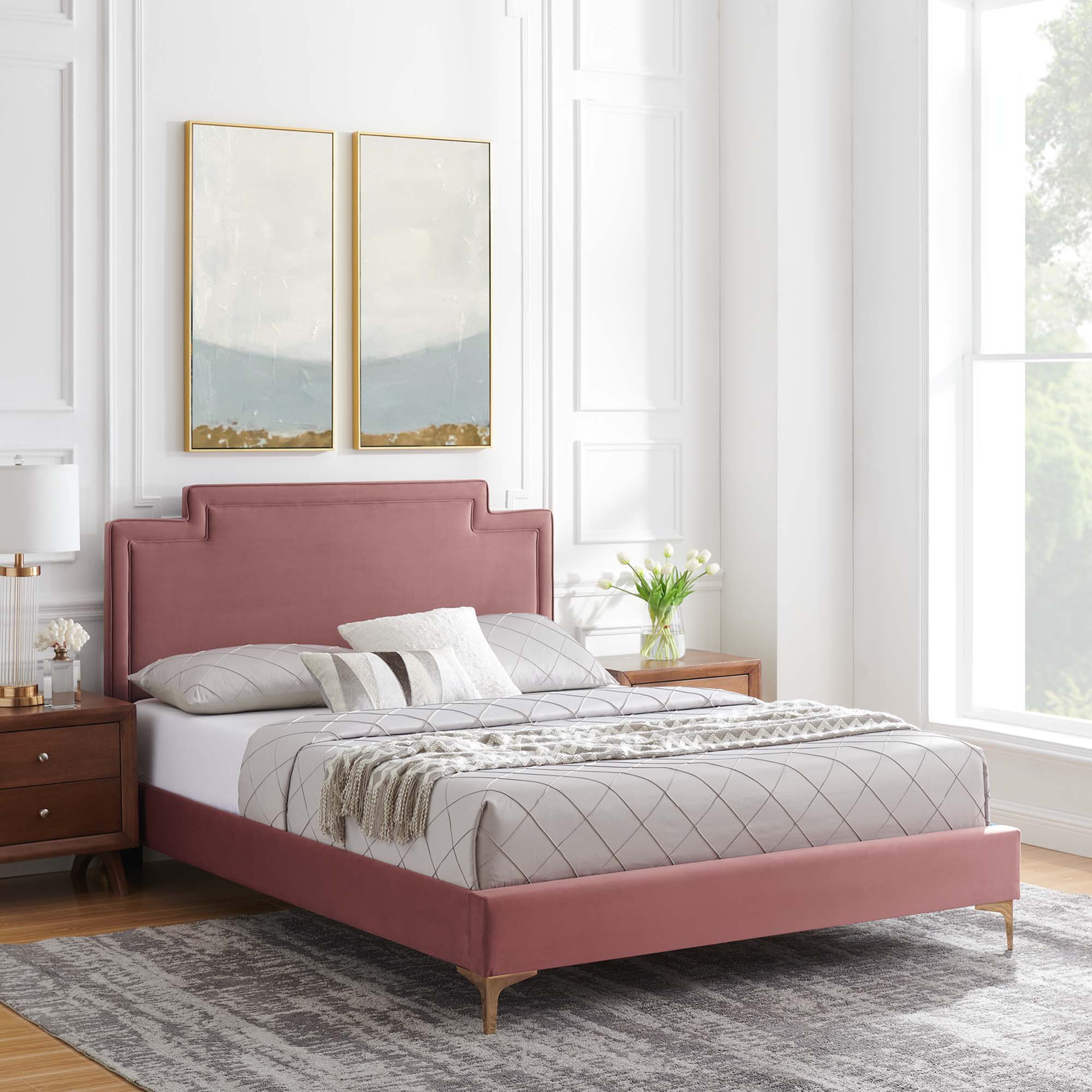Twin Rolwyn Upholstered Velvet Bed – Dusty Rose Finish, Modern Channel Tufting