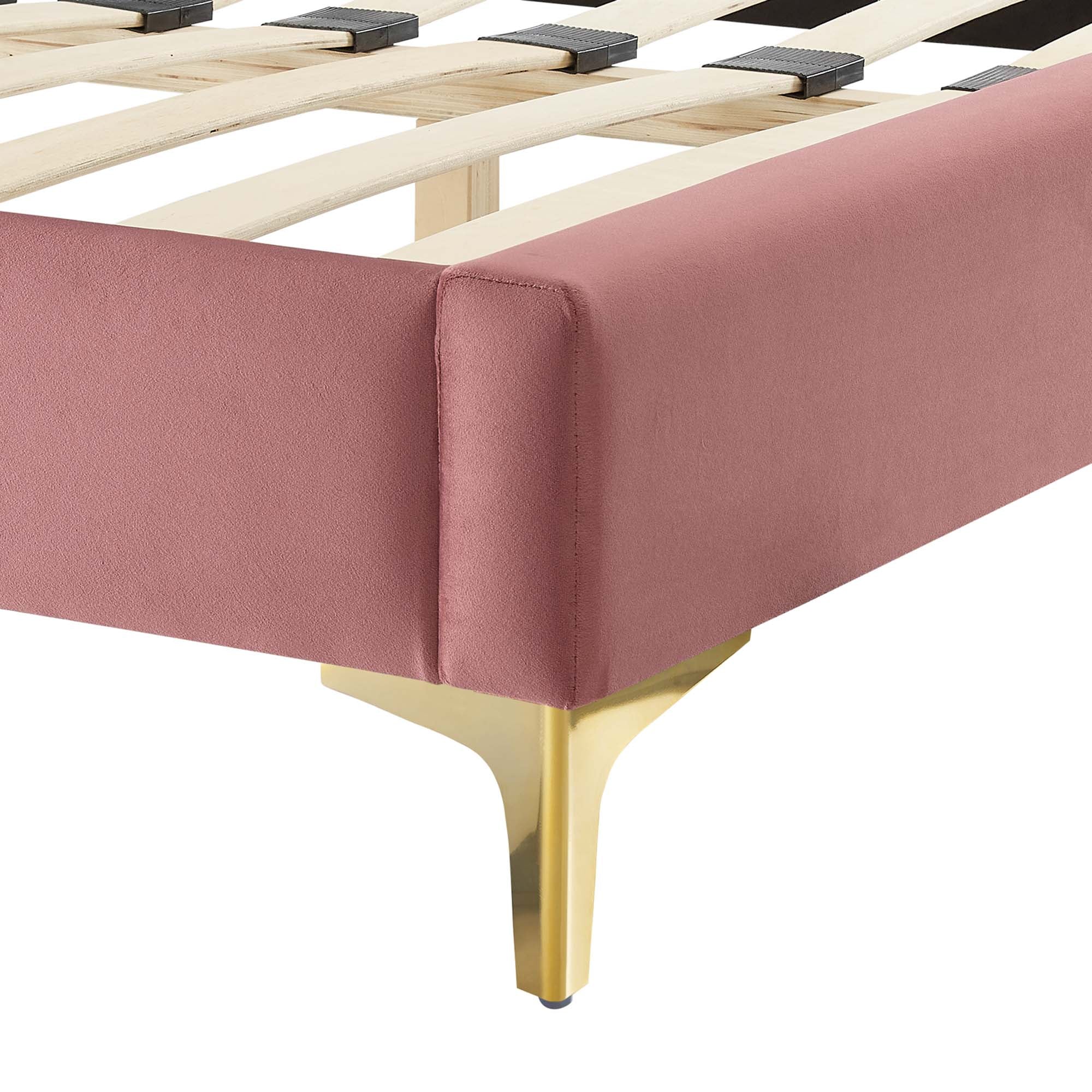 Twin Rolwyn Upholstered Velvet Bed – Dusty Rose Finish, Modern Channel Tufting