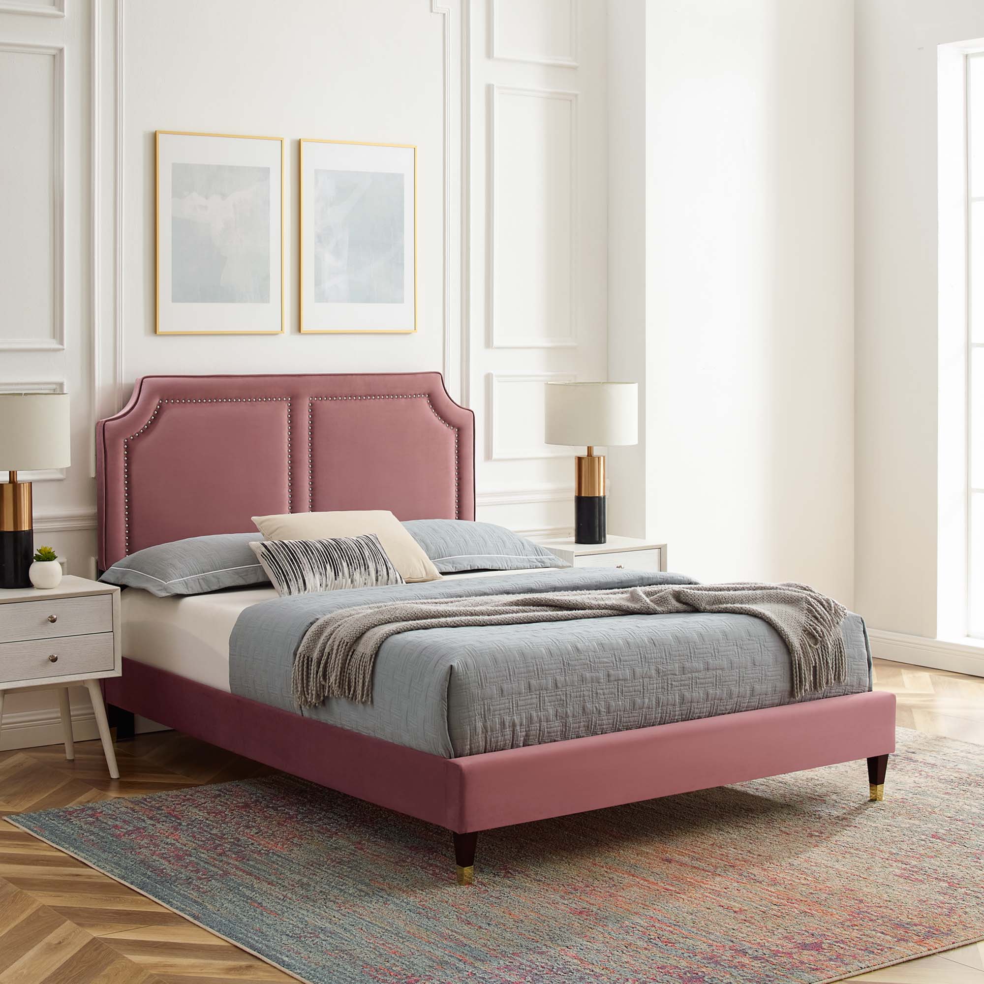 Twin Size Jorvik Performance Velvet Bed Frame – Dusty Rose Upholstered Headboard