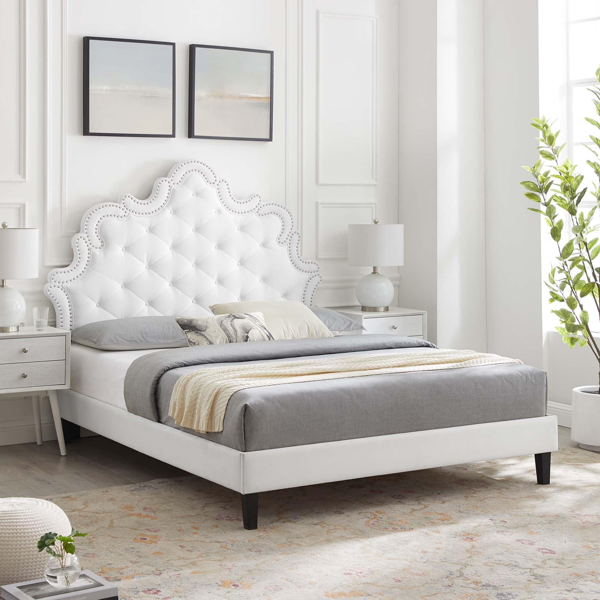 Twin Birdie Bed White Button-Tufted Performance Velvet – Platform Frame with Headboard