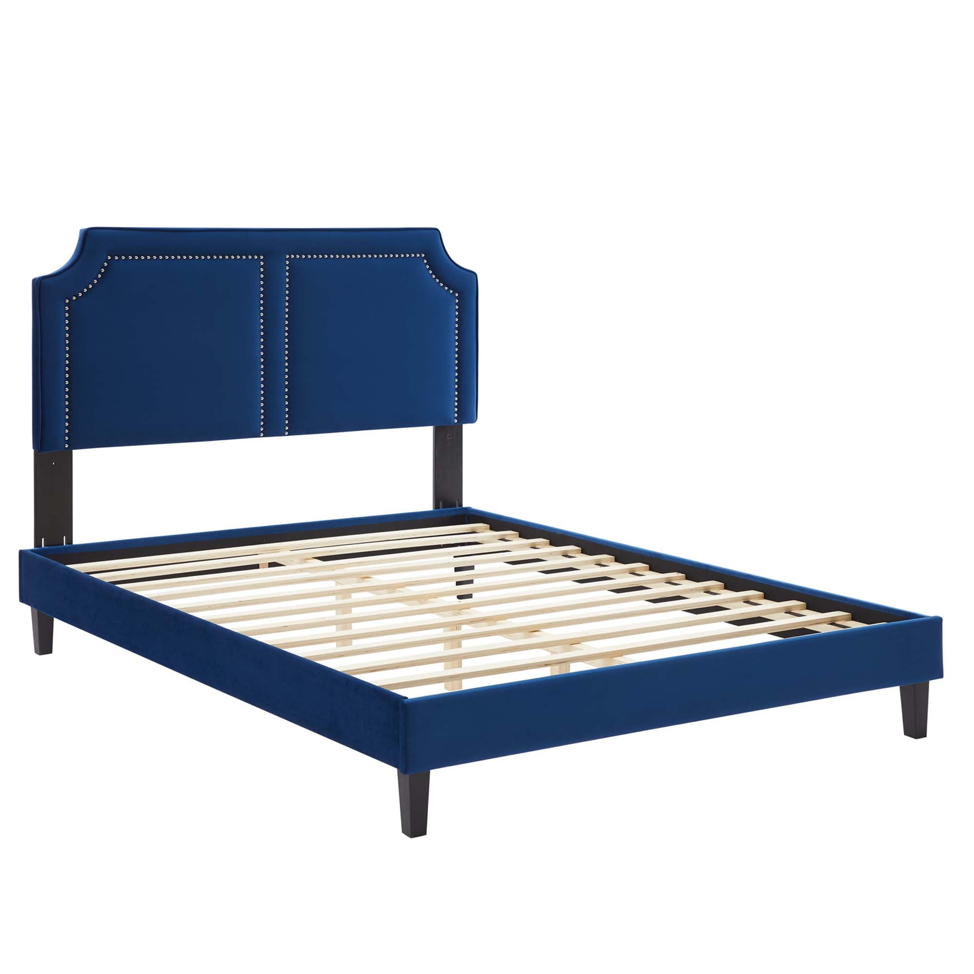 Navy Scoop Performance Velvet Twin Platform Bed – Mid-Century Modern with Wood Legs
