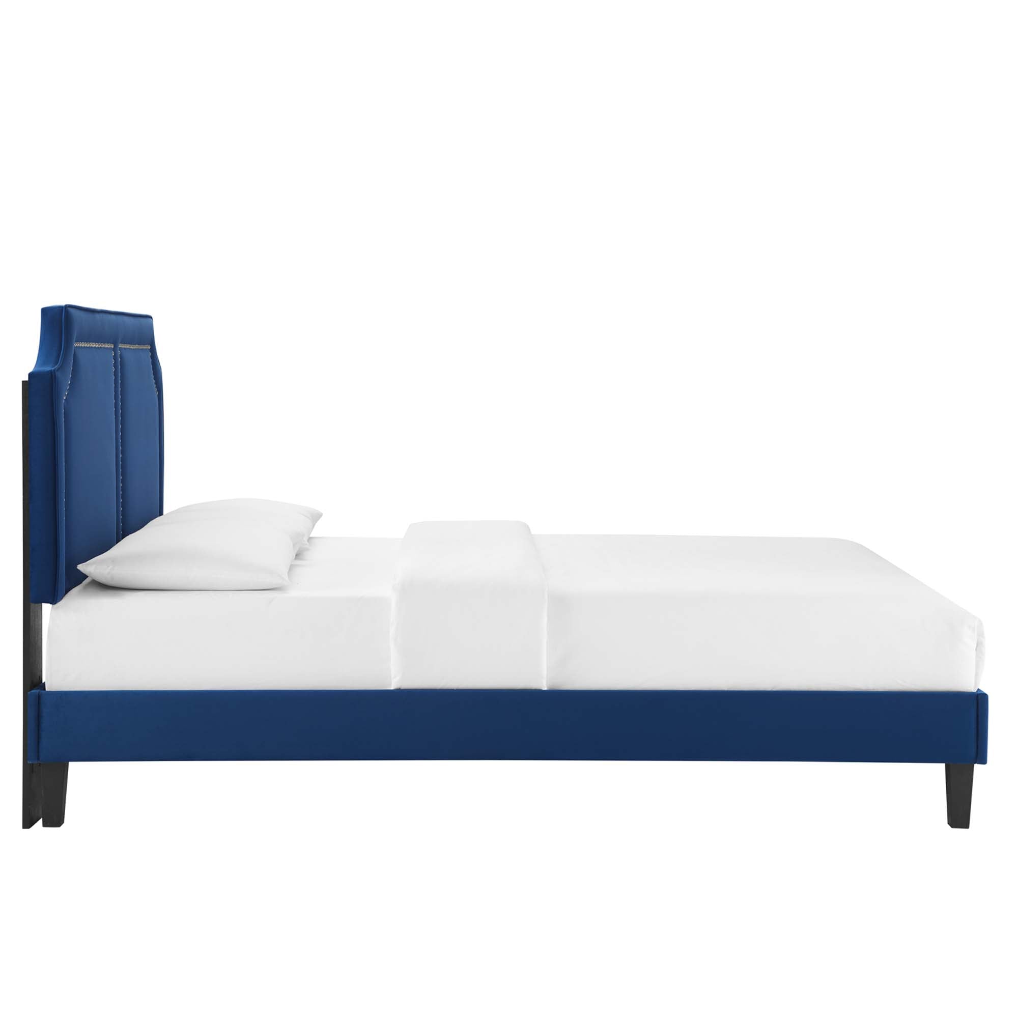 Navy Scoop Performance Velvet Twin Platform Bed – Mid-Century Modern with Wood Legs