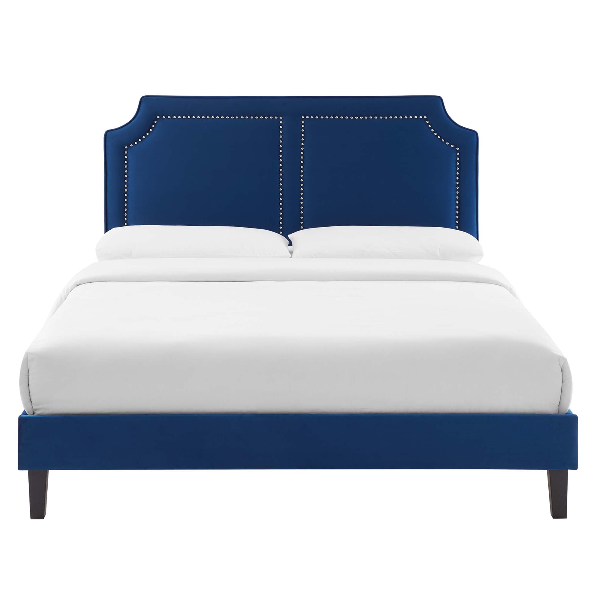 Navy Scoop Performance Velvet Twin Platform Bed – Mid-Century Modern with Wood Legs