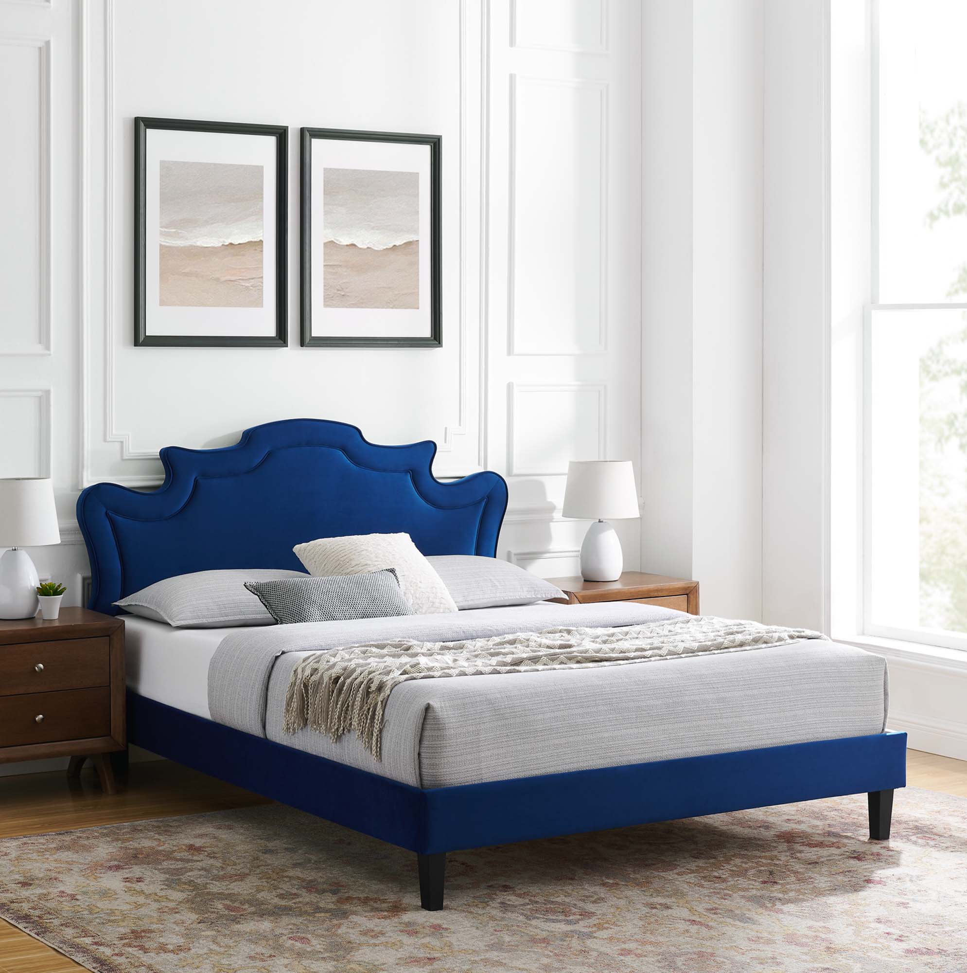 Navy Nico Twin Performance Velvet Victorian Bed – Upholstered Platform Frame