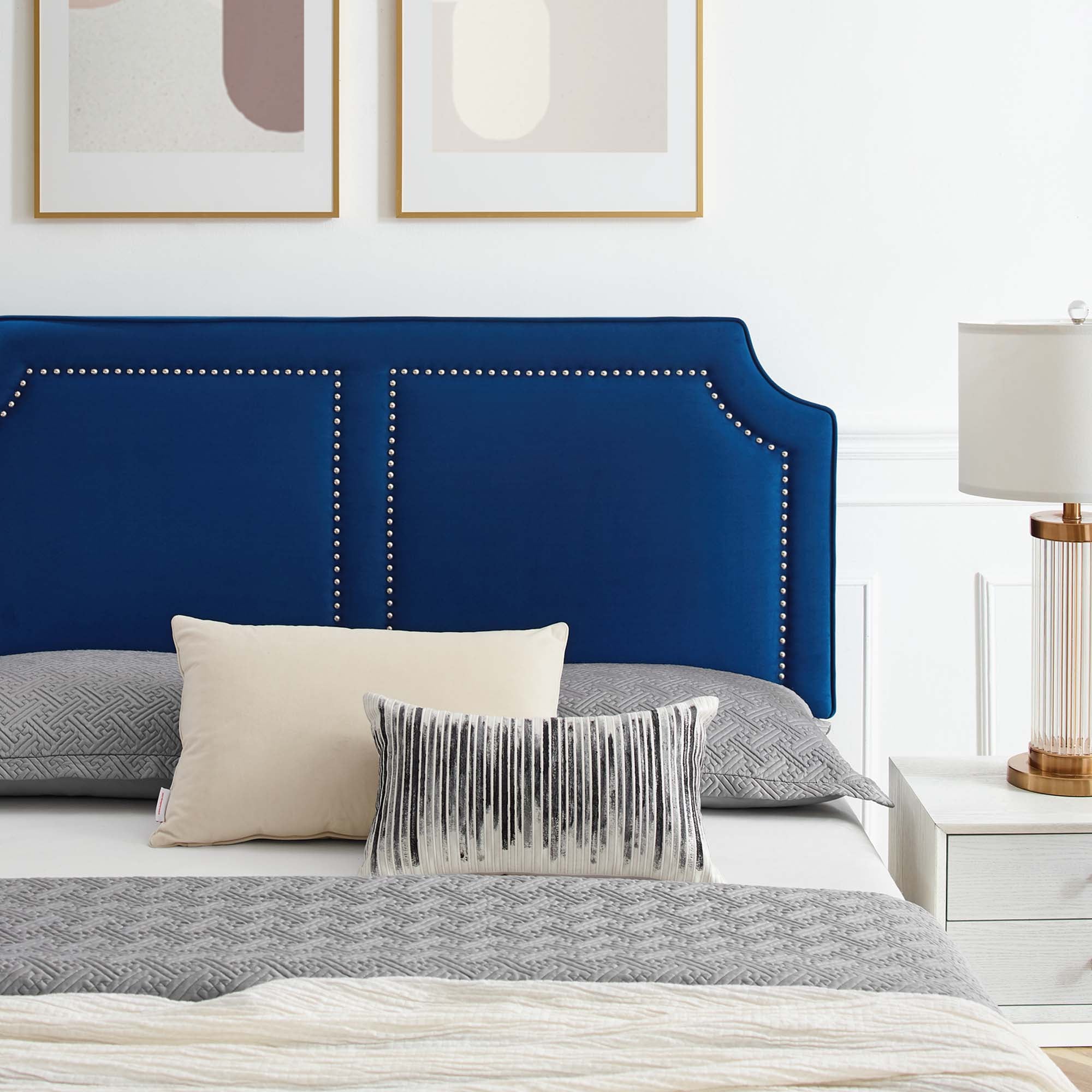 Ember Full Size Navy Velvet Platform Bed – Upholstered Headboard with Gold Metal Legs