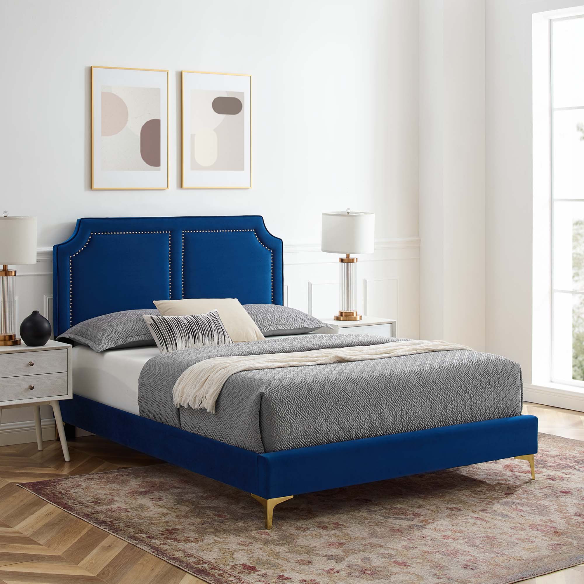 Ember Full Size Navy Velvet Platform Bed – Upholstered Headboard with Gold Metal Legs