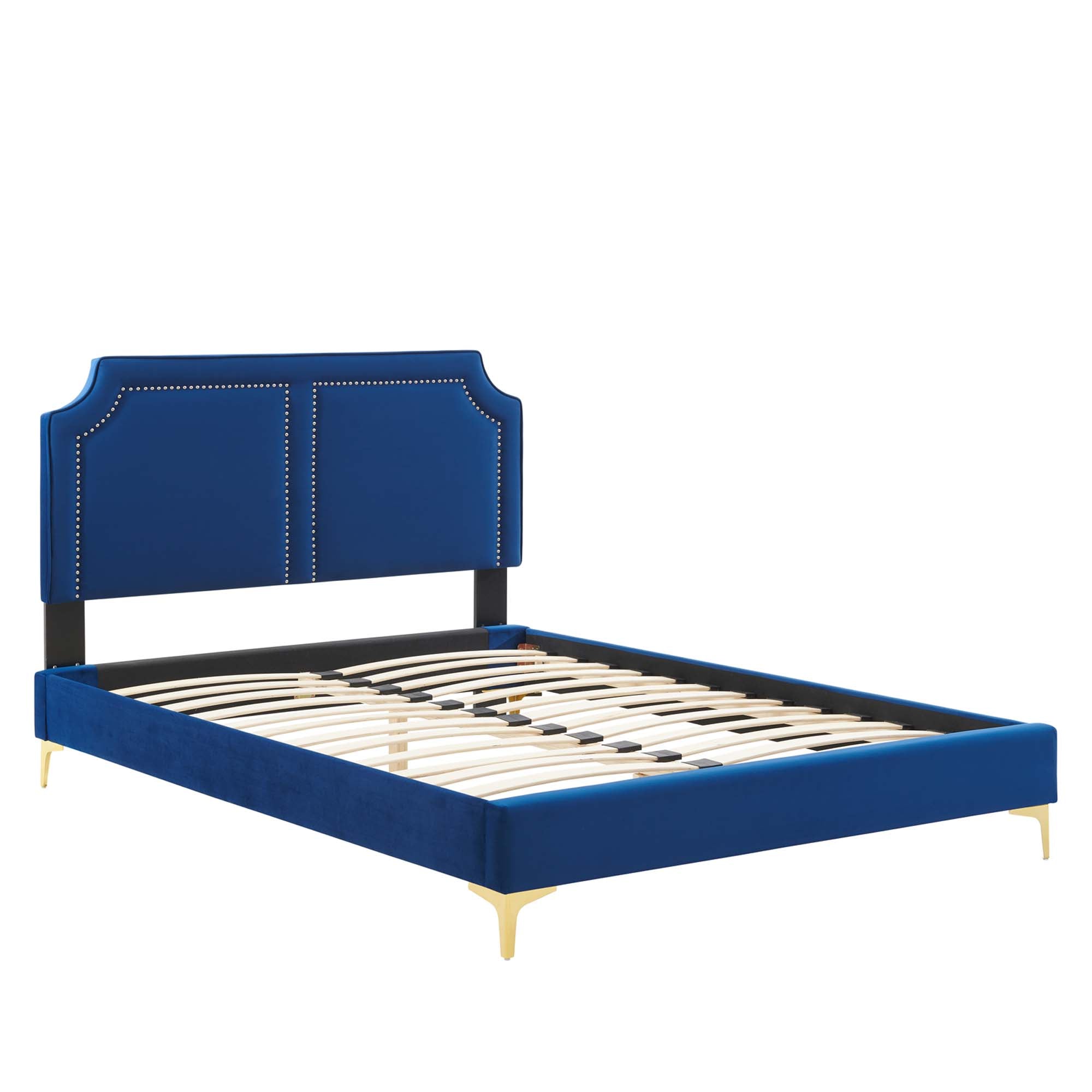 Ember Full Size Navy Velvet Platform Bed – Upholstered Headboard with Gold Metal Legs