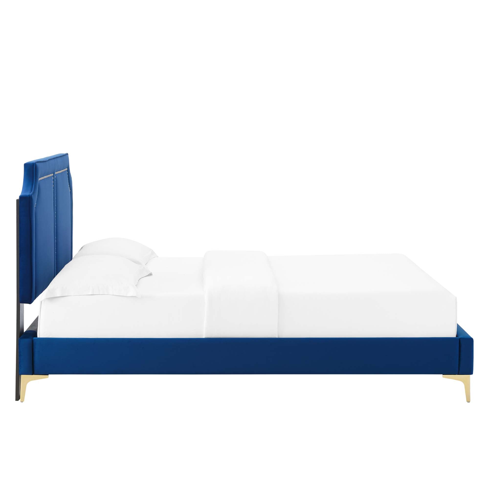Ember Full Size Navy Velvet Platform Bed – Upholstered Headboard with Gold Metal Legs