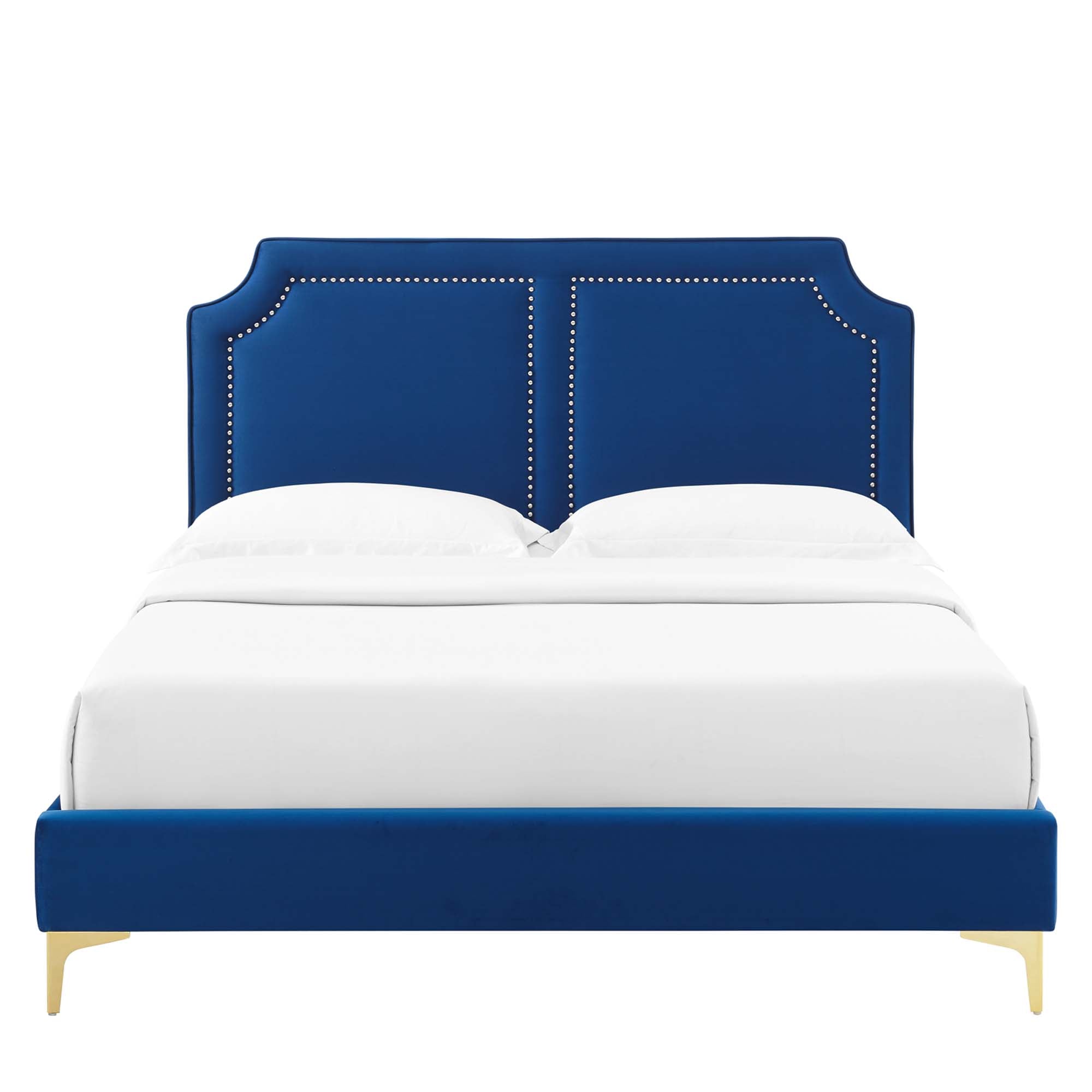 Ember Full Size Navy Velvet Platform Bed – Upholstered Headboard with Gold Metal Legs