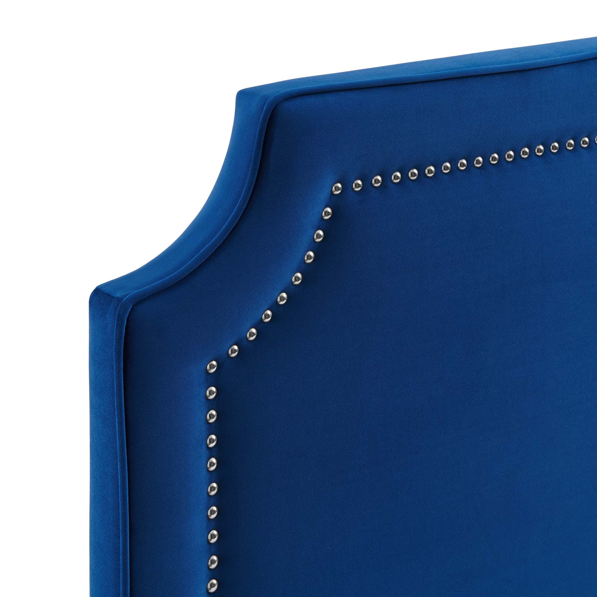 Ember Full Size Navy Velvet Platform Bed – Upholstered Headboard with Gold Metal Legs