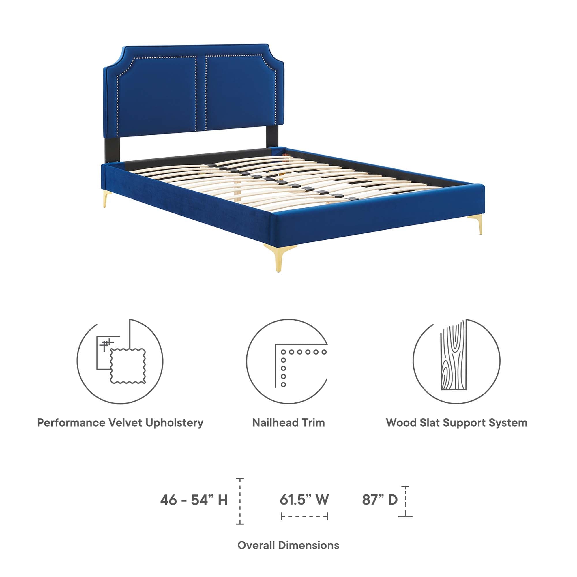 Ember Full Size Navy Velvet Platform Bed – Upholstered Headboard with Gold Metal Legs