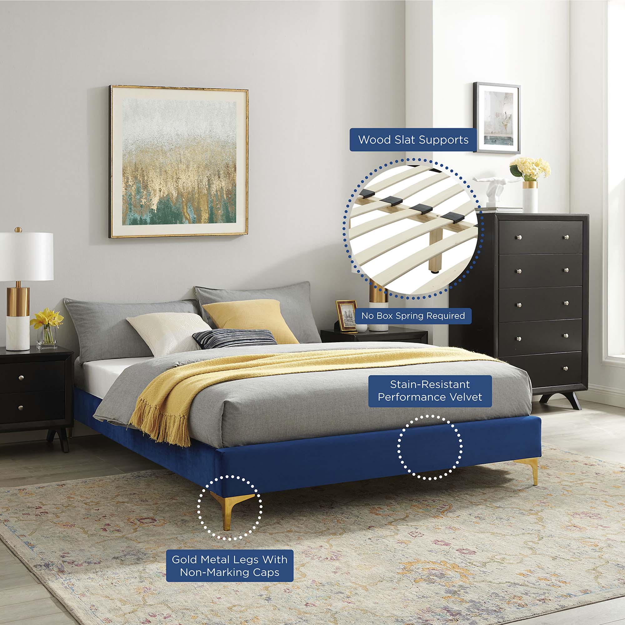 Full Habitat Navy Performance Velvet Platform Bed – Victorian Style Upholstered