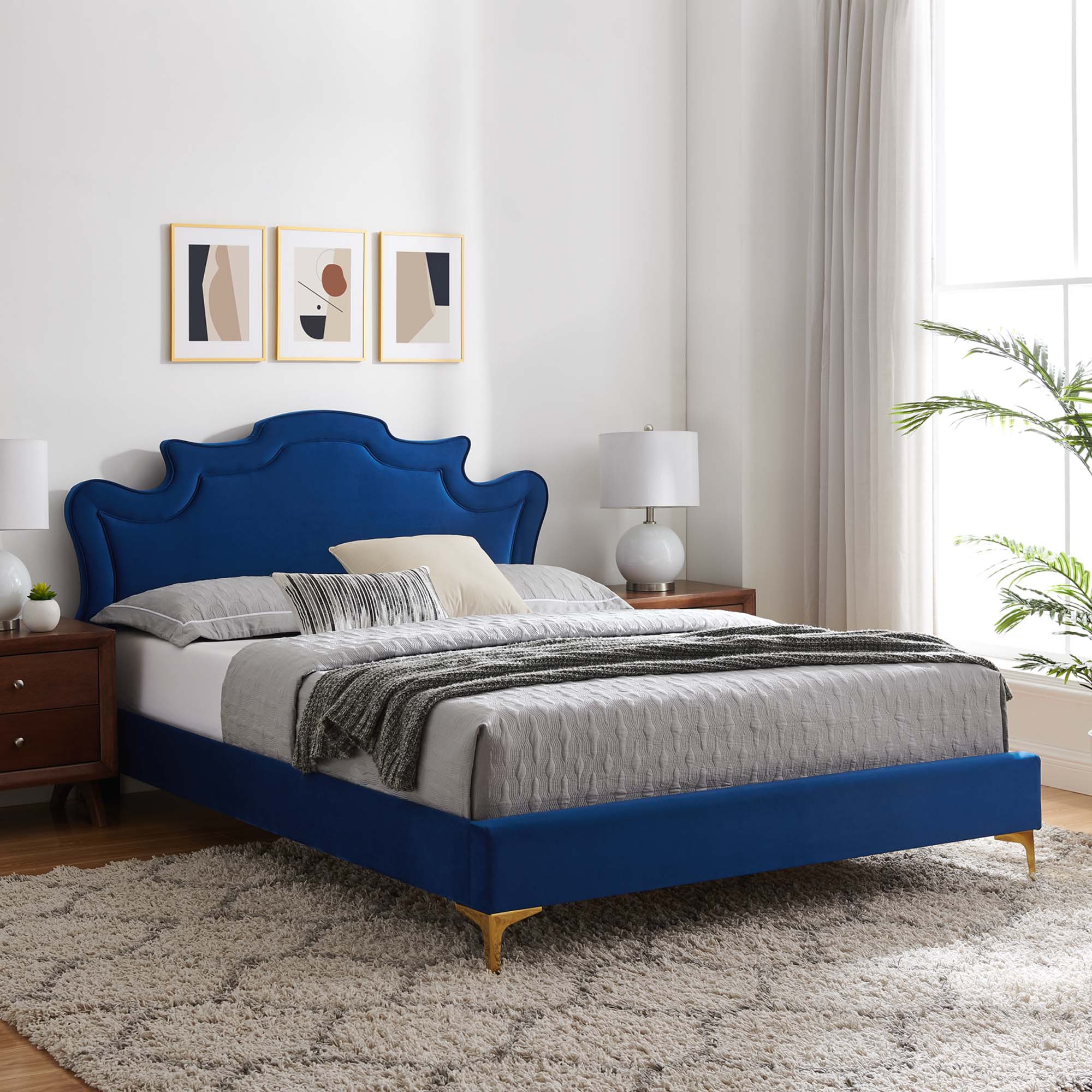 Full Habitat Navy Performance Velvet Platform Bed – Victorian Style Upholstered