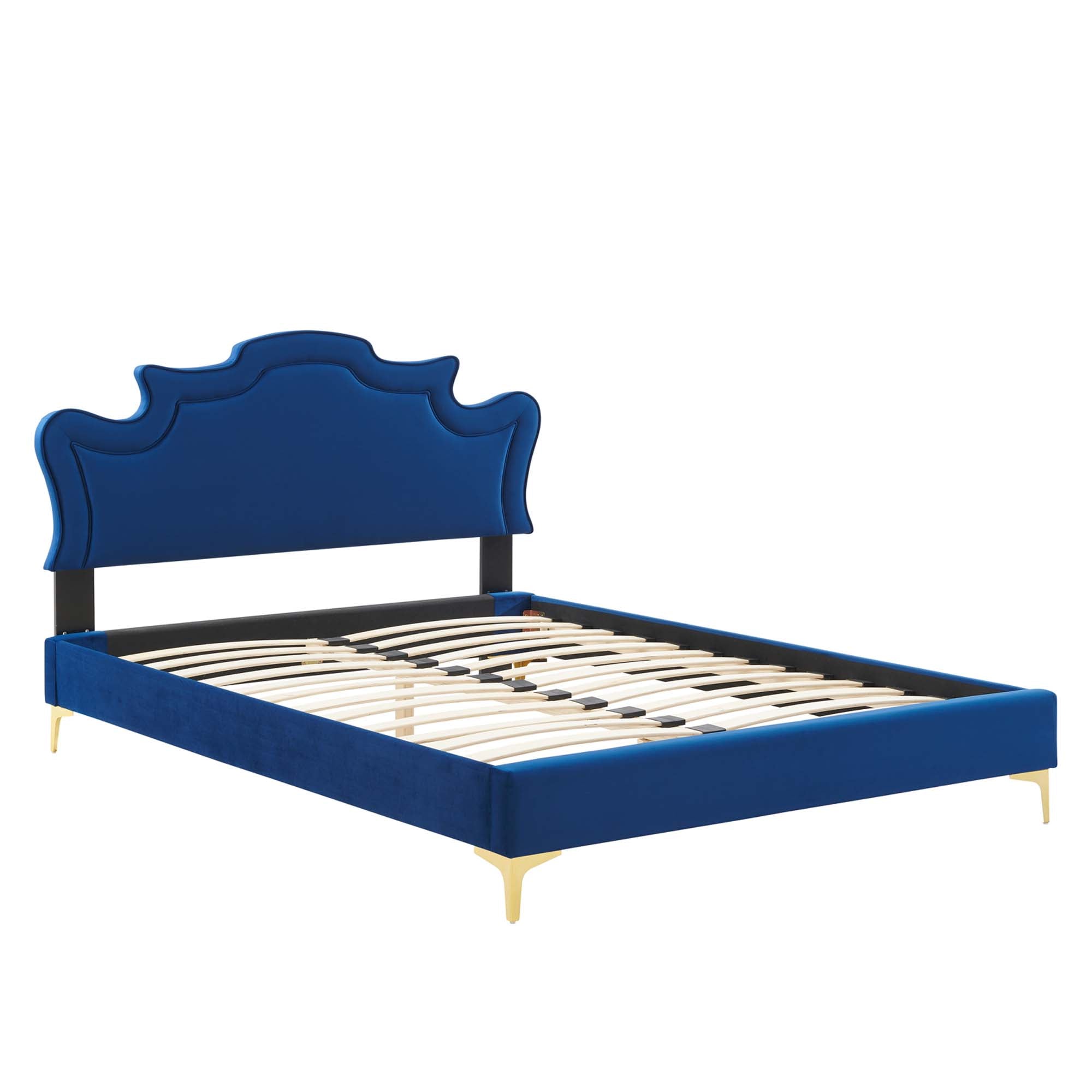 Full Habitat Navy Performance Velvet Platform Bed – Victorian Style Upholstered