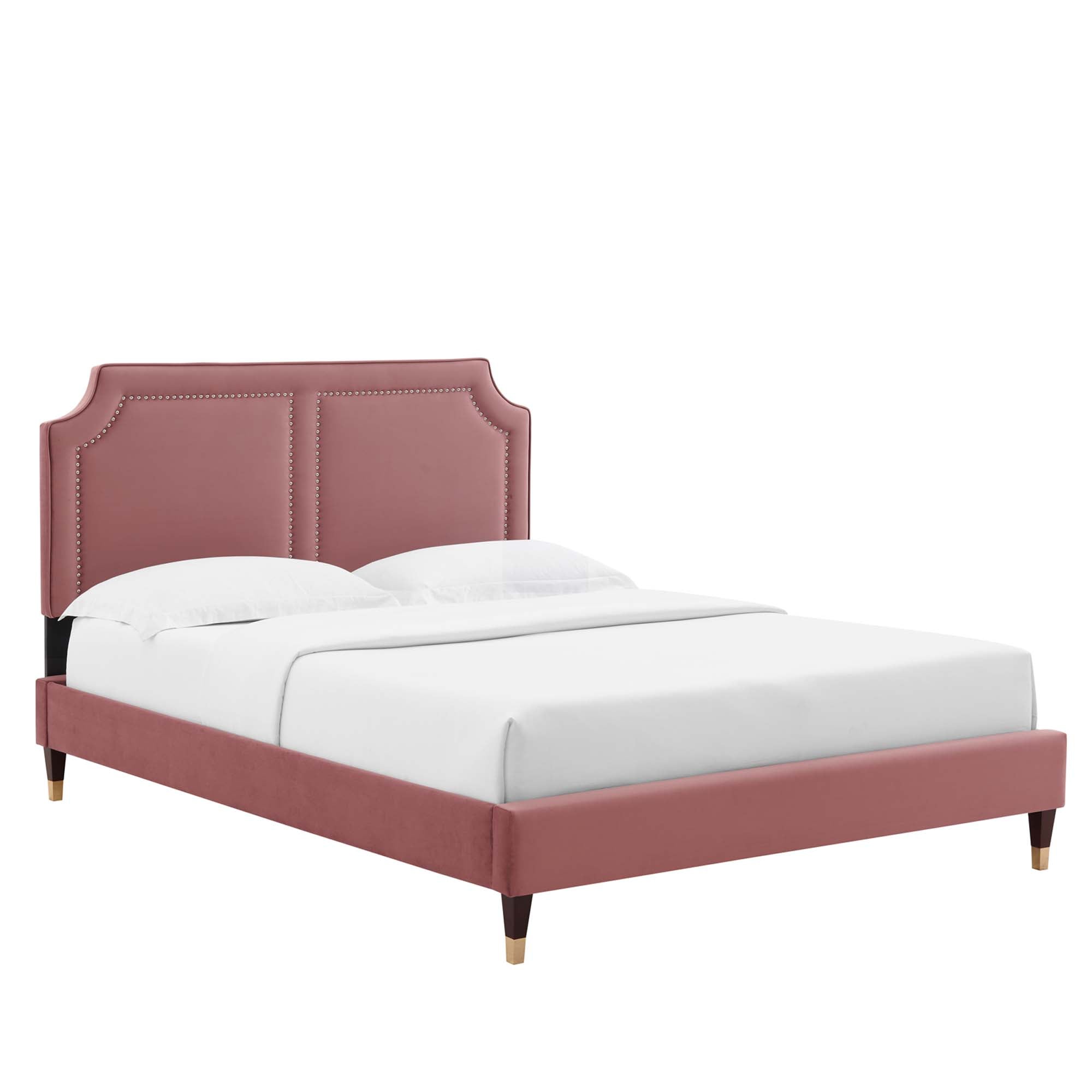 Savoy Dusty Rose Full Performance Velvet Bed – Modern Platform with Gold Accents