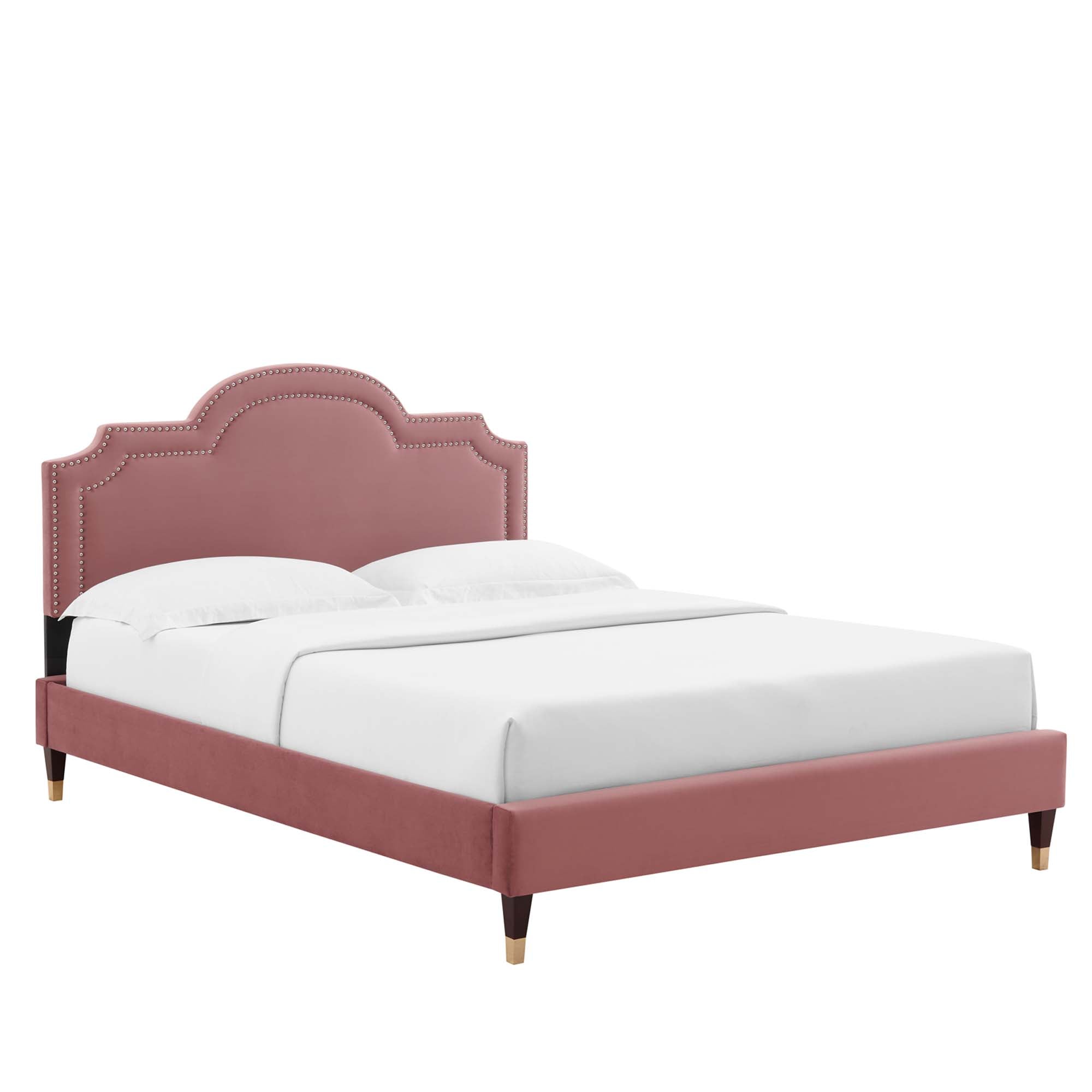 Quinley Full Size Performance Velvet Bed – Dusty Rose Upholstered Platform with Gold Accents