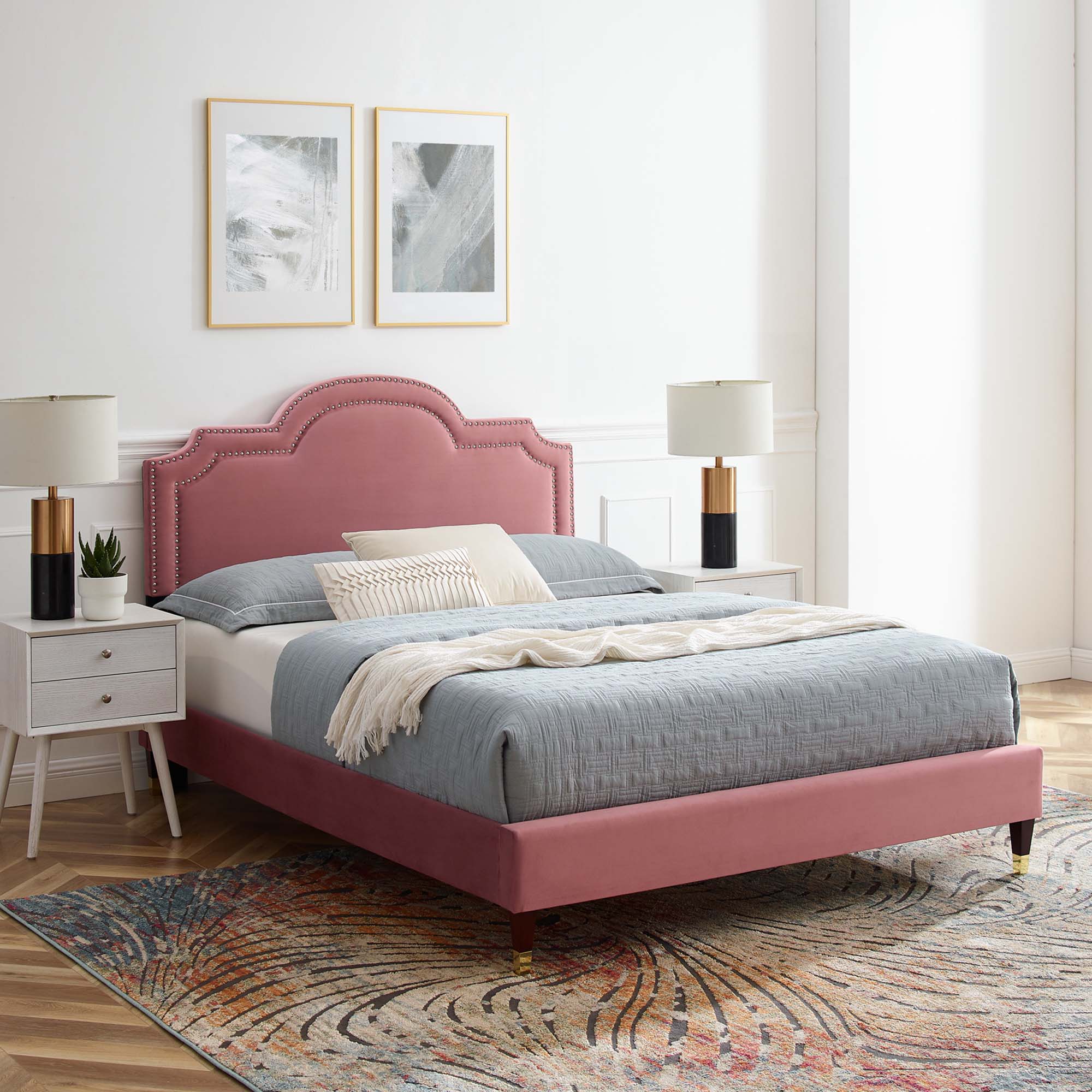 Quinley Full Size Performance Velvet Bed – Dusty Rose Upholstered Platform with Gold Accents