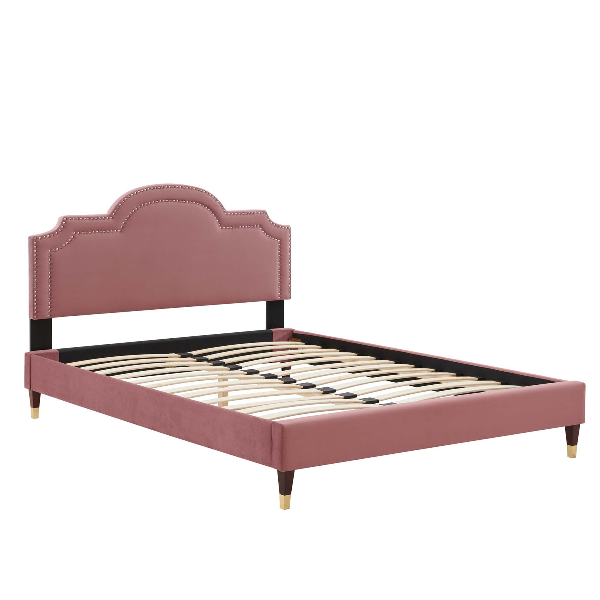 Quinley Full Size Performance Velvet Bed – Dusty Rose Upholstered Platform with Gold Accents